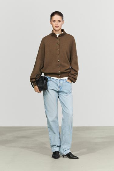 Wool and cashmere knit funnel neck cardigan — Caramel 8