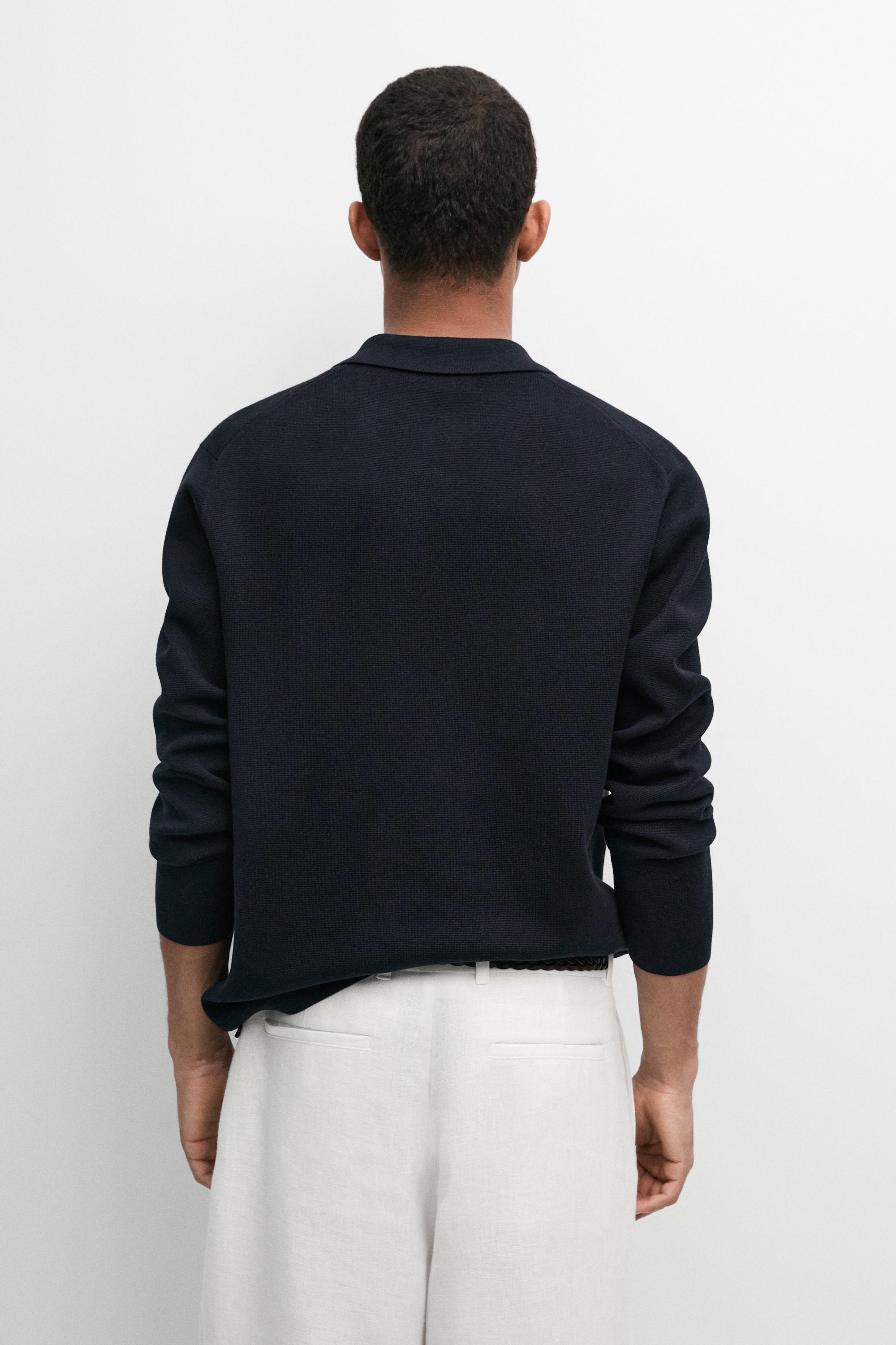 Cotton blend zip-up knit polo sweater — NAVY BLUE