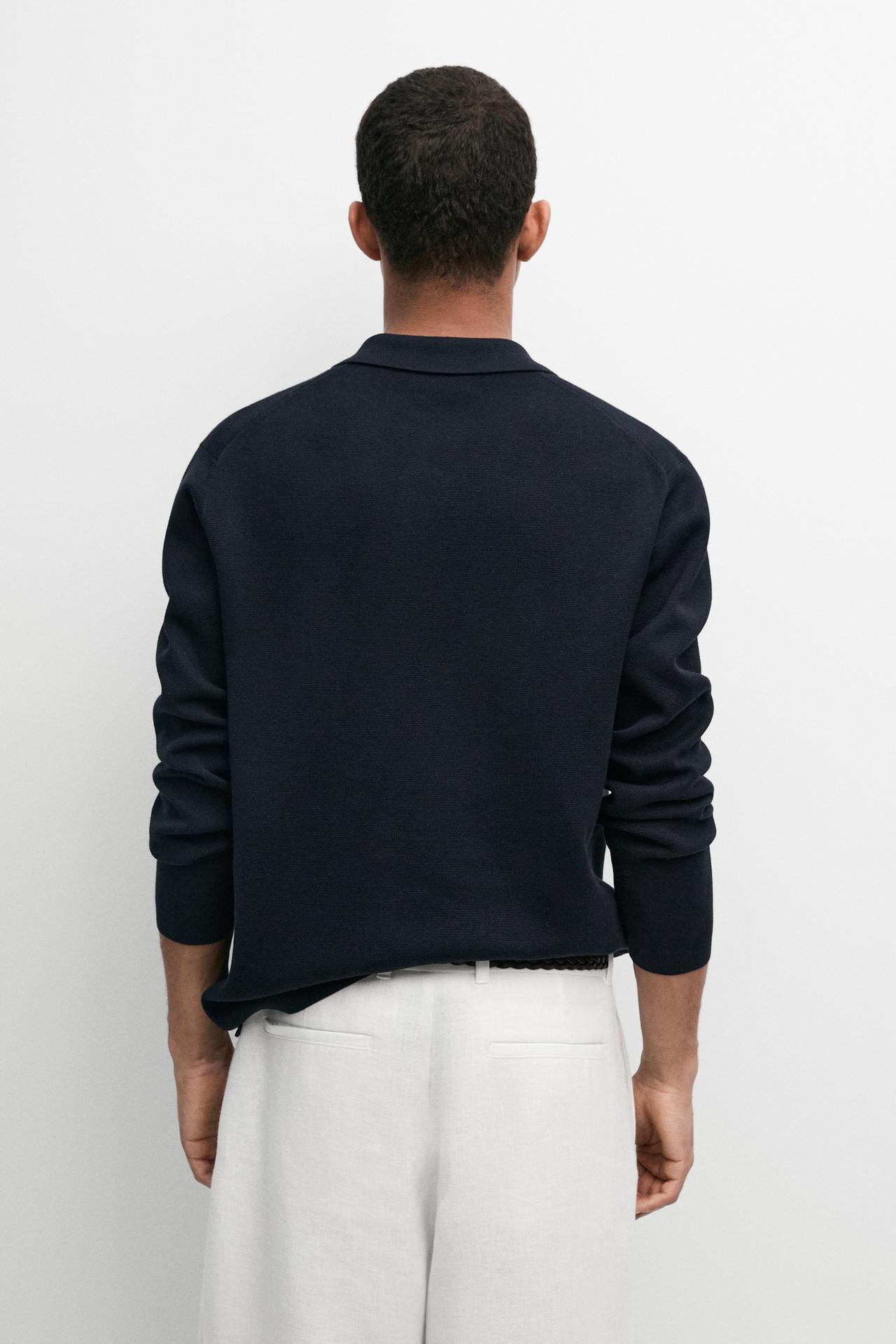 Cotton blend zip-up knit polo sweater — NAVY BLUE