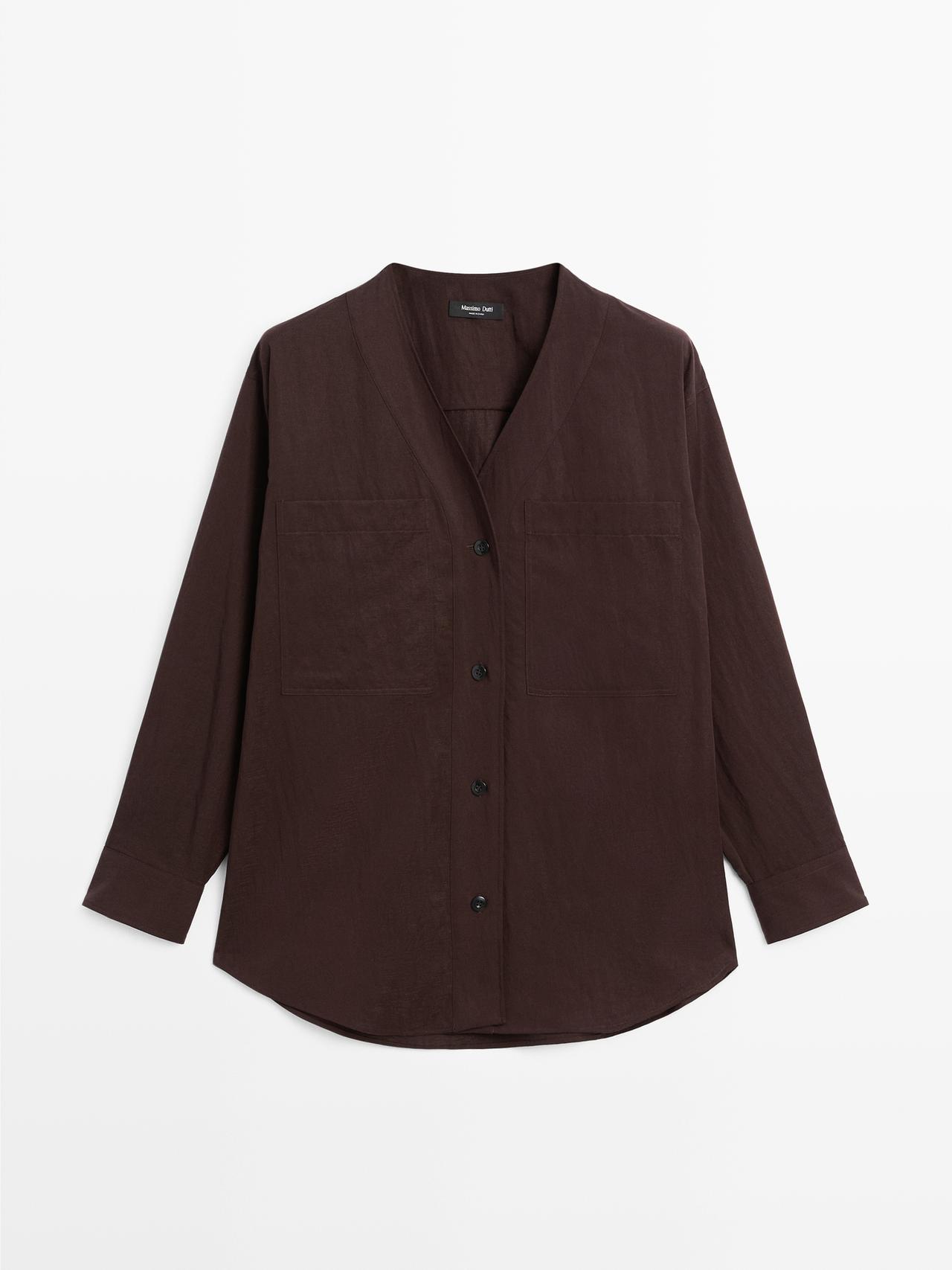 Massimo Dutti - Dame - Skjorte Med V-Udskæring Og Lommer - Brun - M