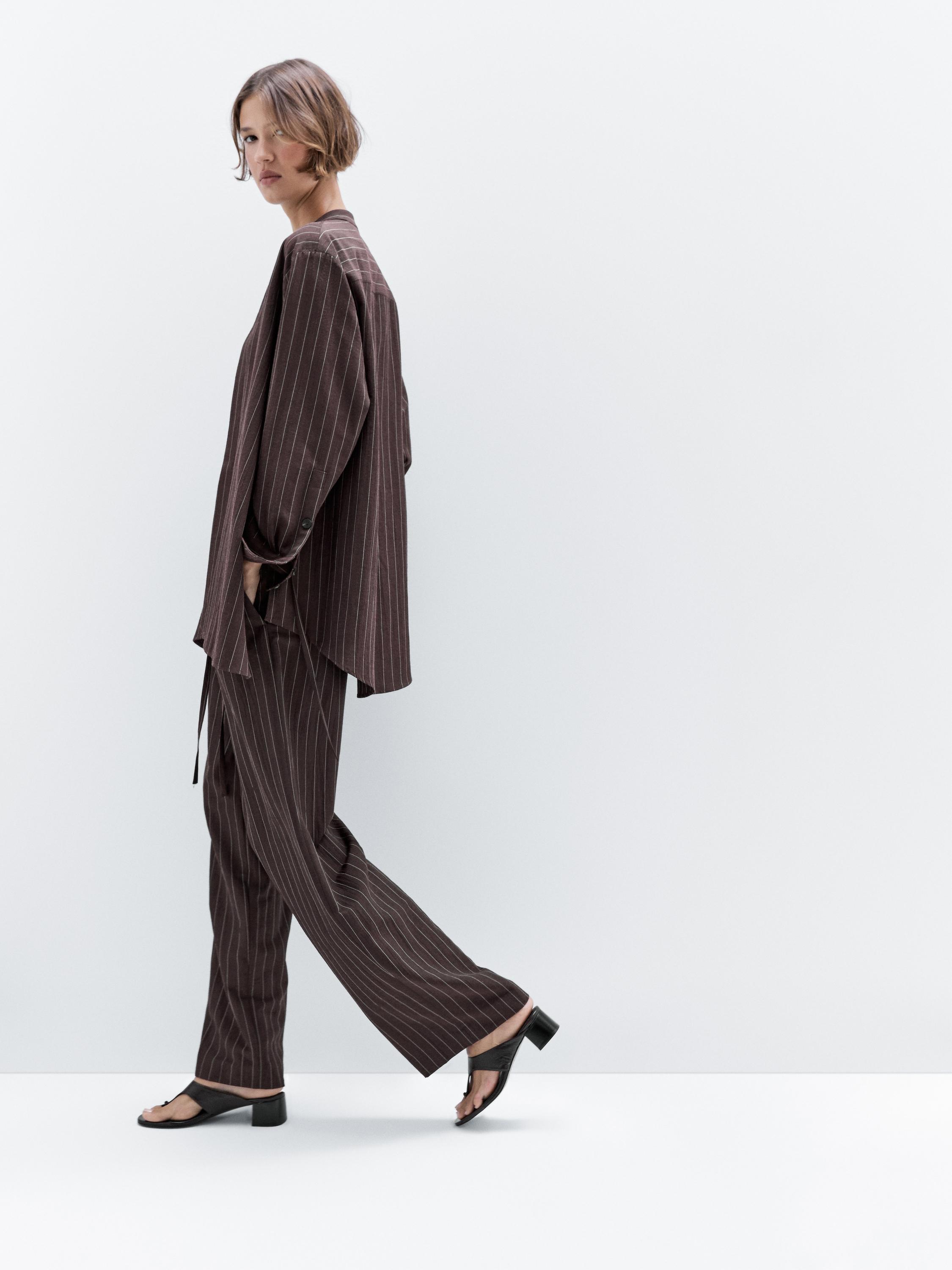 打褶細條紋長褲