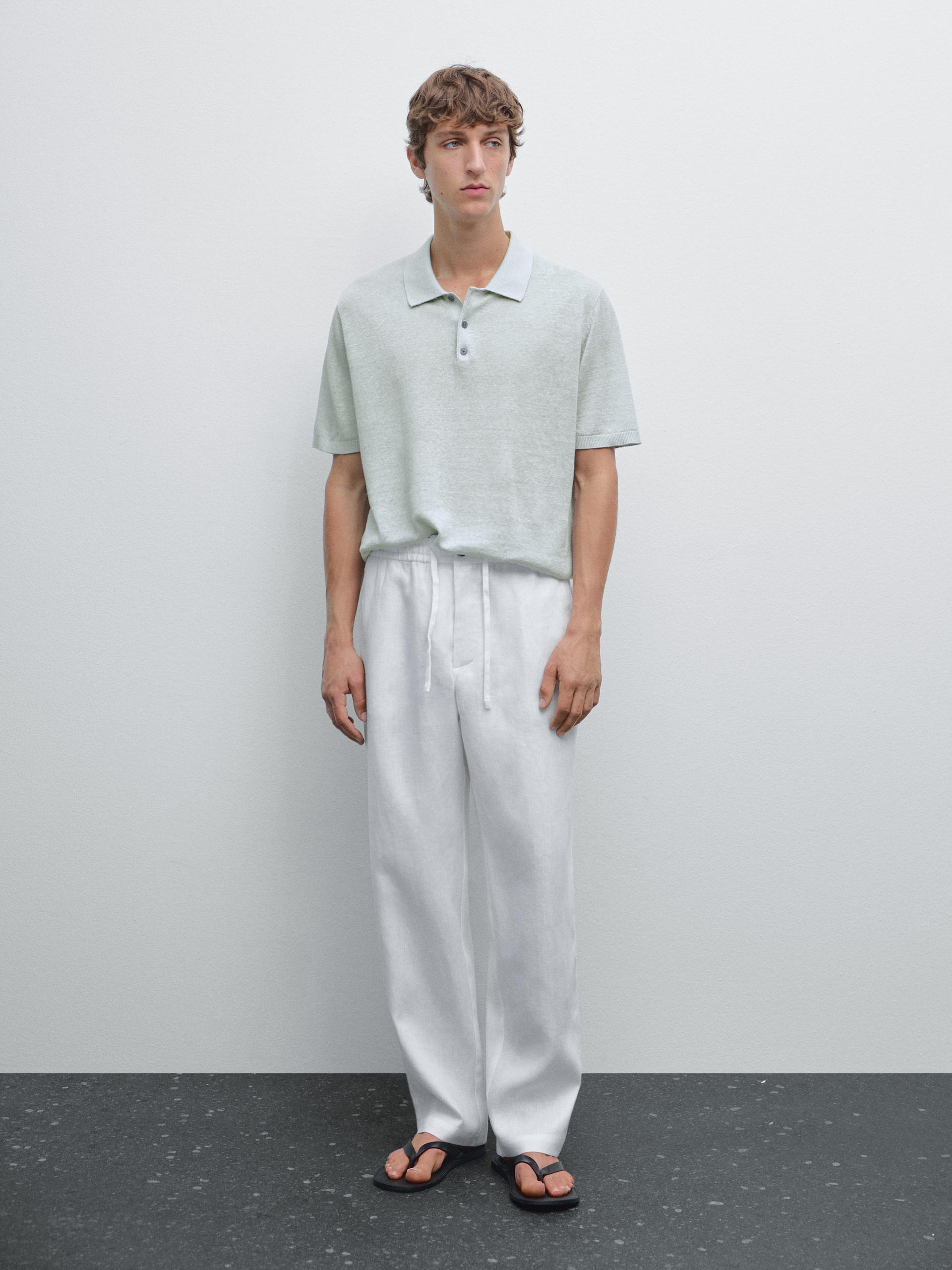 Maglia A Polo A Maniche Corte In Lino - Celeste - M - Massimo Dutti - Maschile