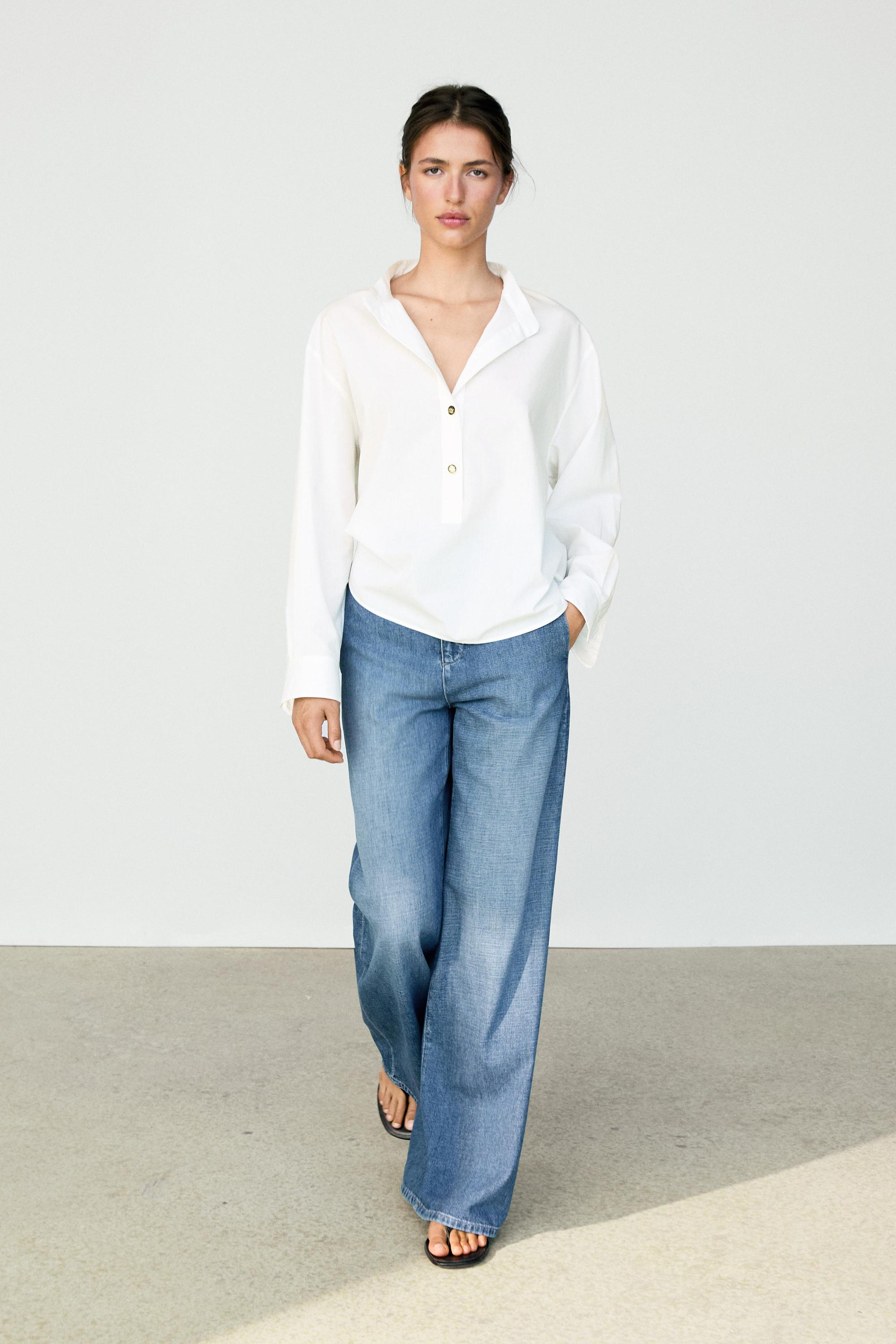 Stand collar shirt with gold buttons — Off white
