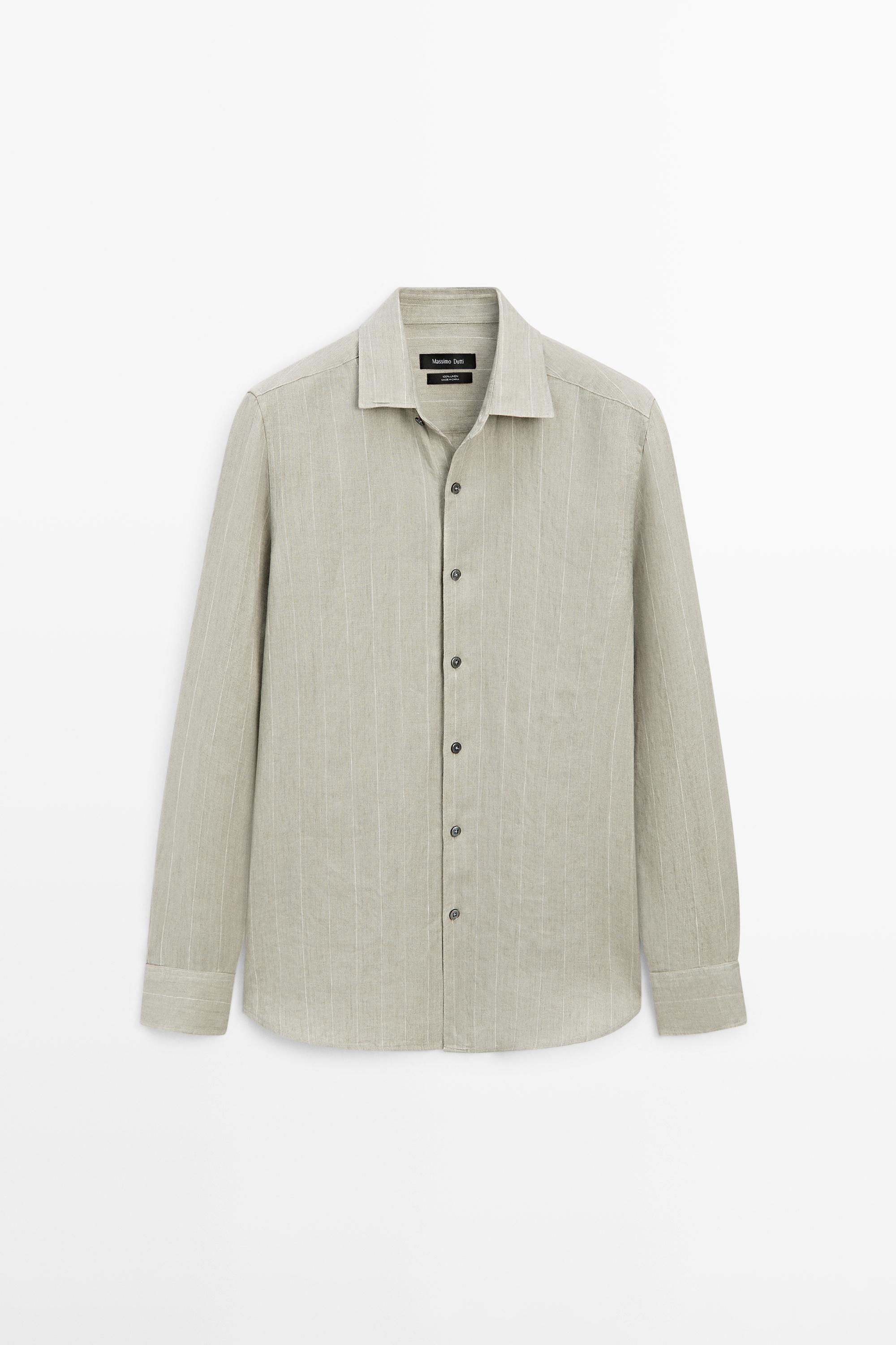 100% linen regular fit striped shirt — PALE GREEN
