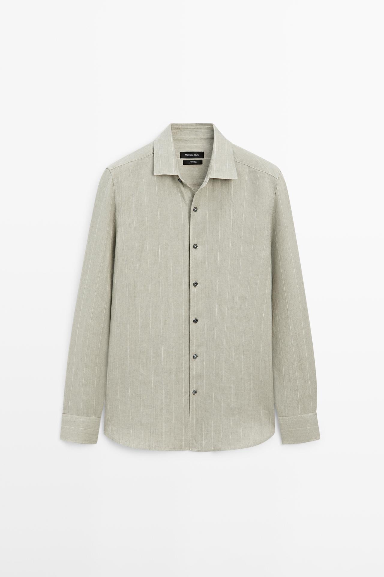Massimo Dutti - Herre - Stribet Skjorte I 100 % Hør - Grøn - Xxl