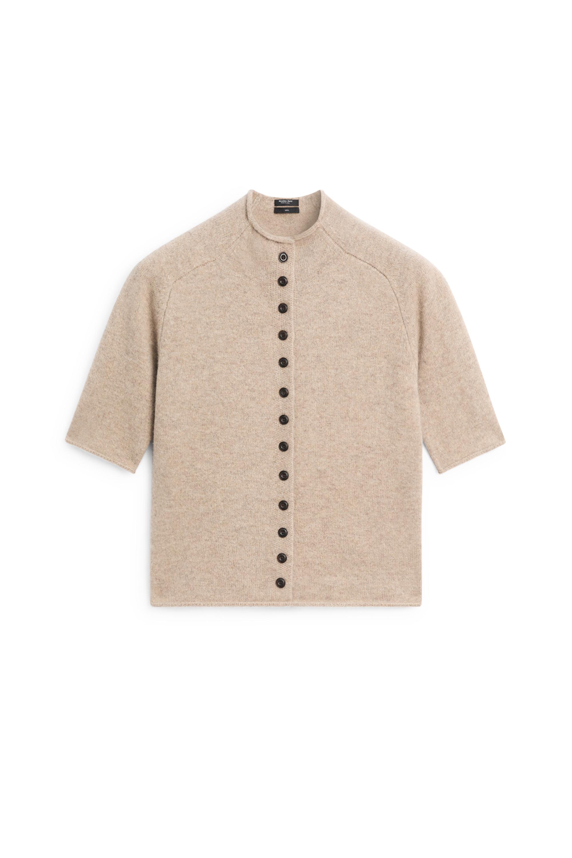 100% wool funnel neck knit cardigan — BEIGE MARL