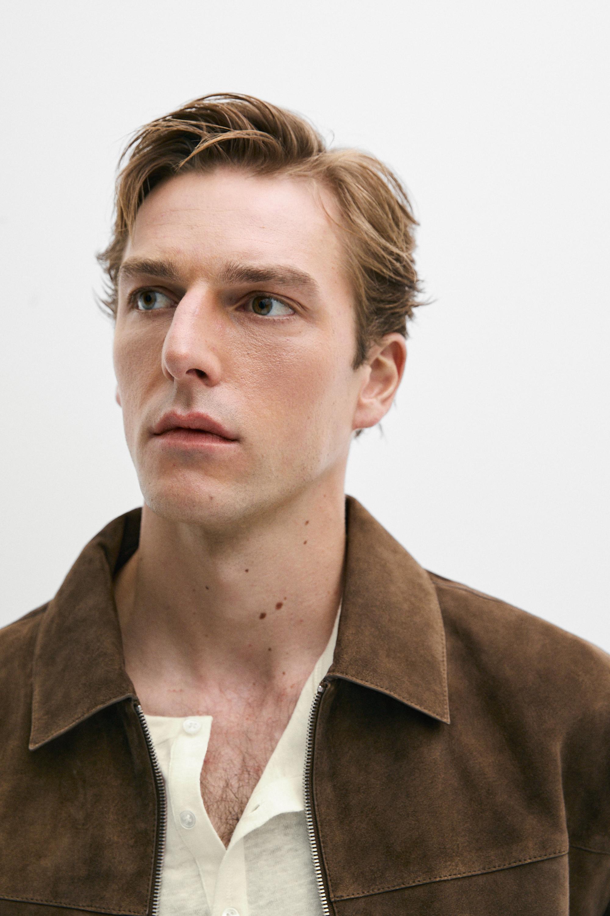Suede leather zip-up jacket — BROWN MARL