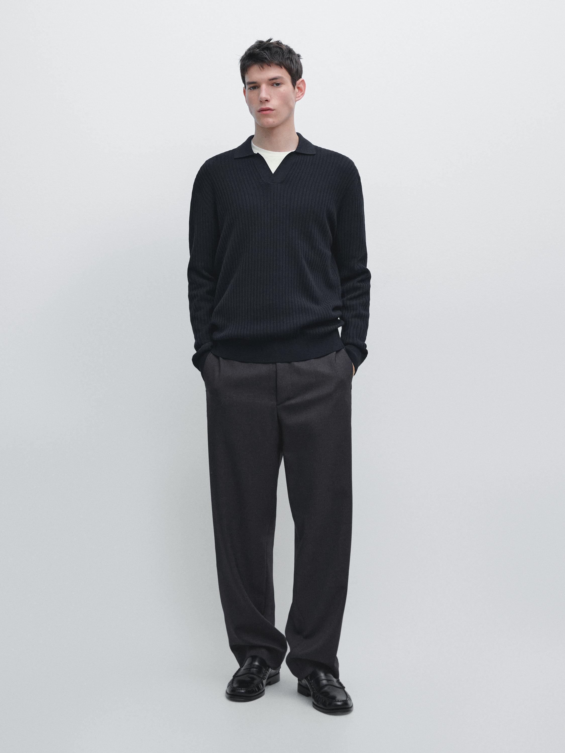 Cotton blend knit polo sweater — NAVY BLUE
