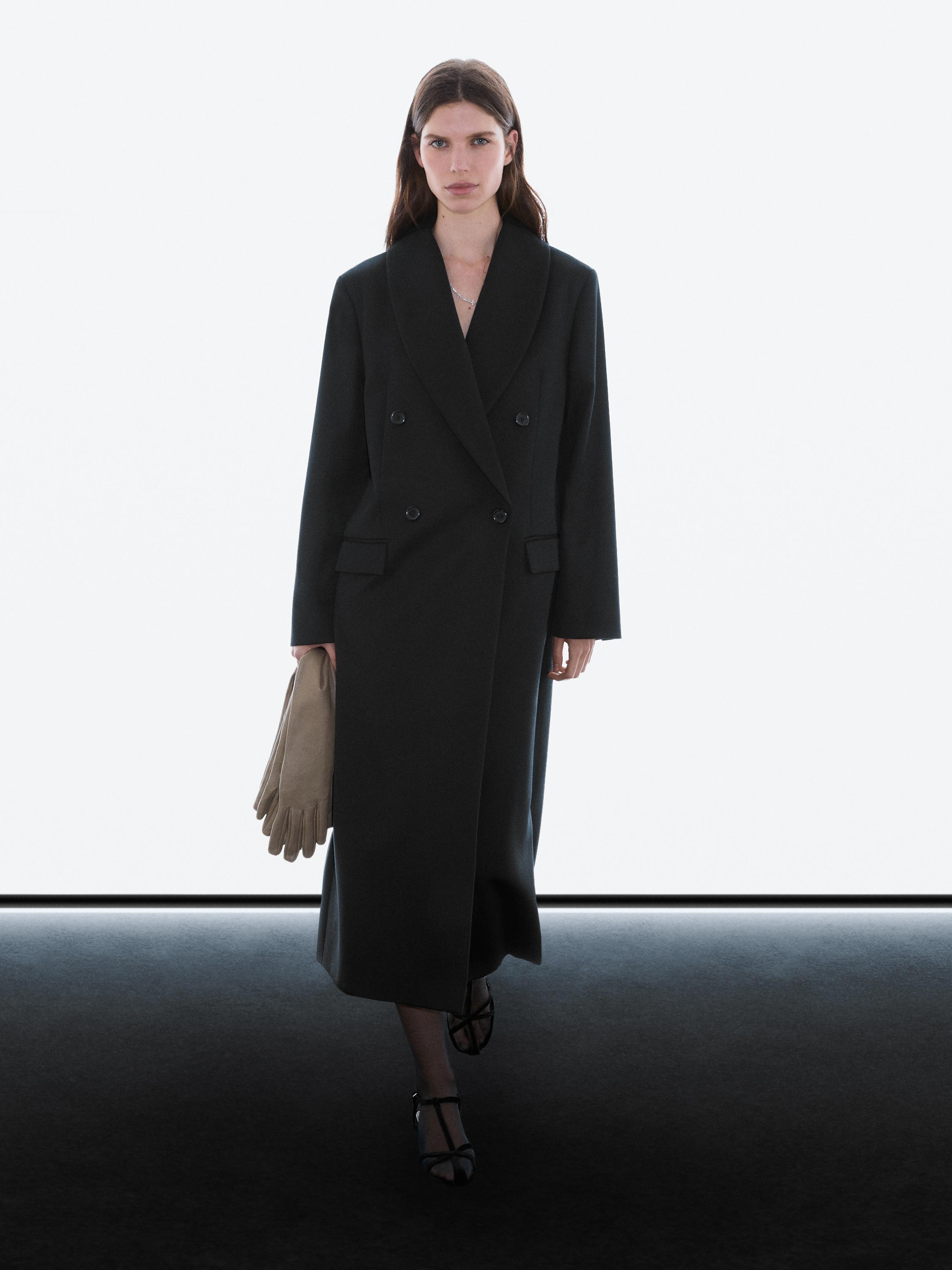 معطف طويل بياقة عريضة صوف 100%