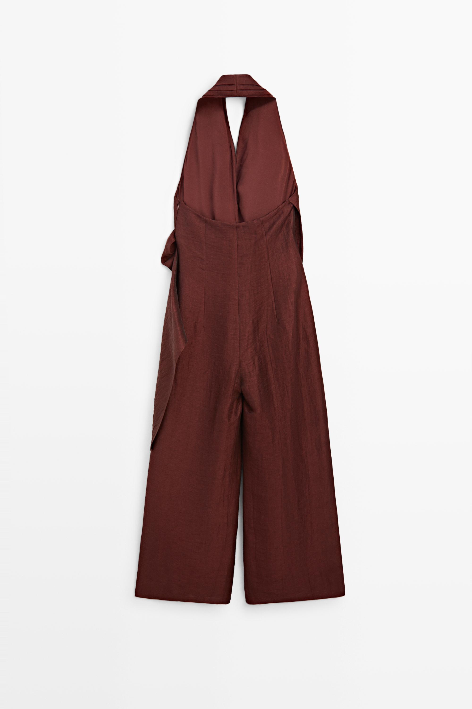 Flowing draped halter neck jumpsuit — BURGUNDY
