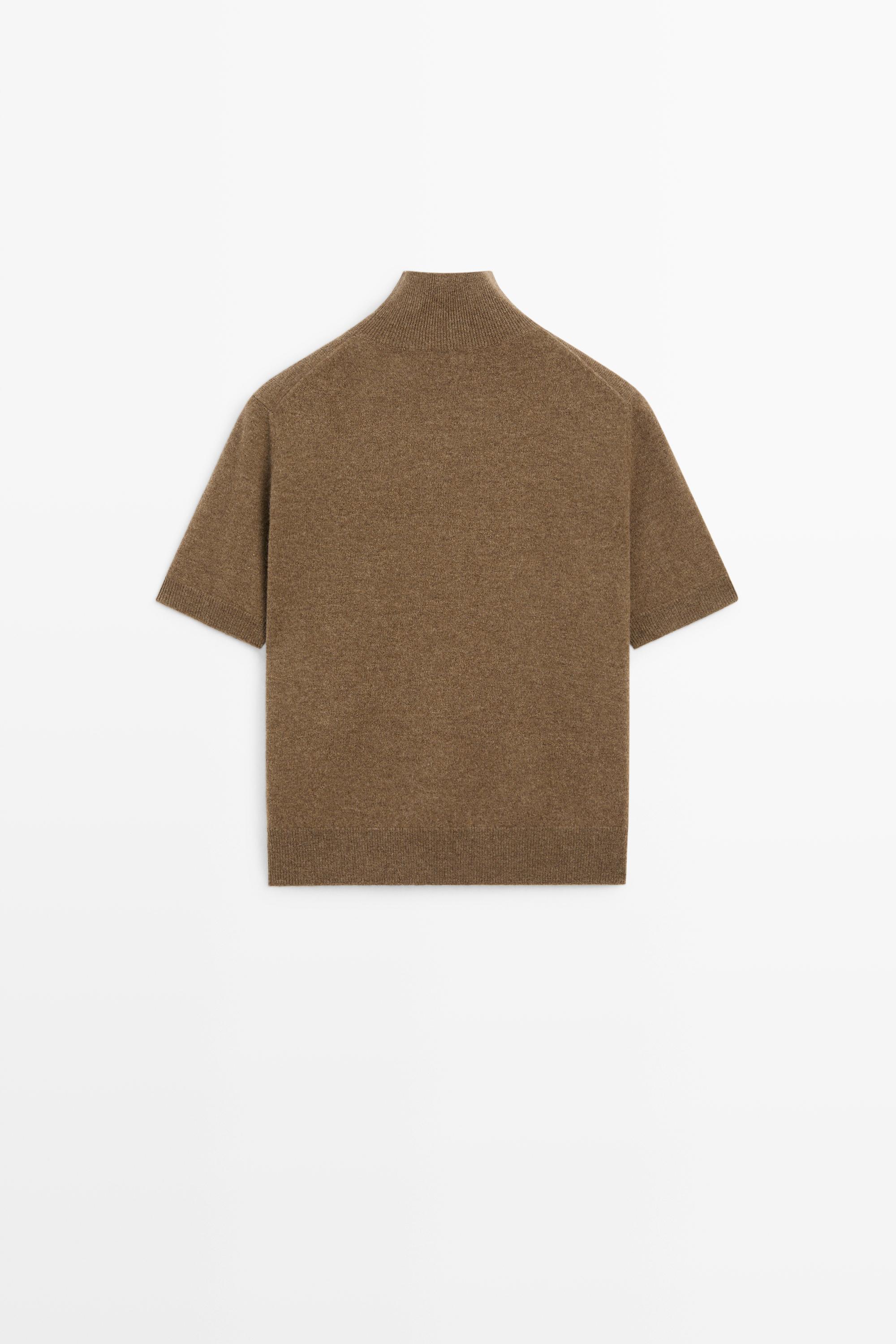 Wool-cashmere blend short sleeve knit sweater — BROWN MARL