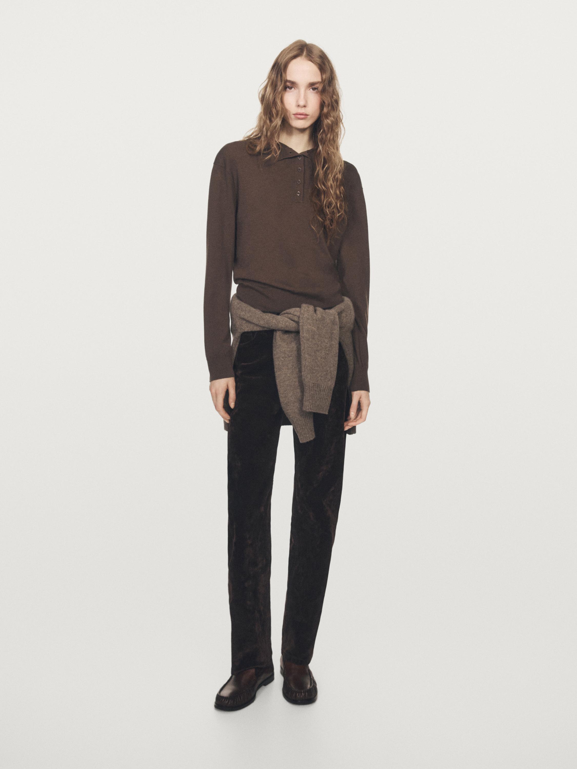 Buttoned mock turtleneck knit sweater — BROWN