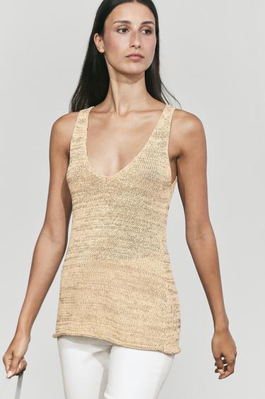 Melange cotton blend knit top — Beige 3