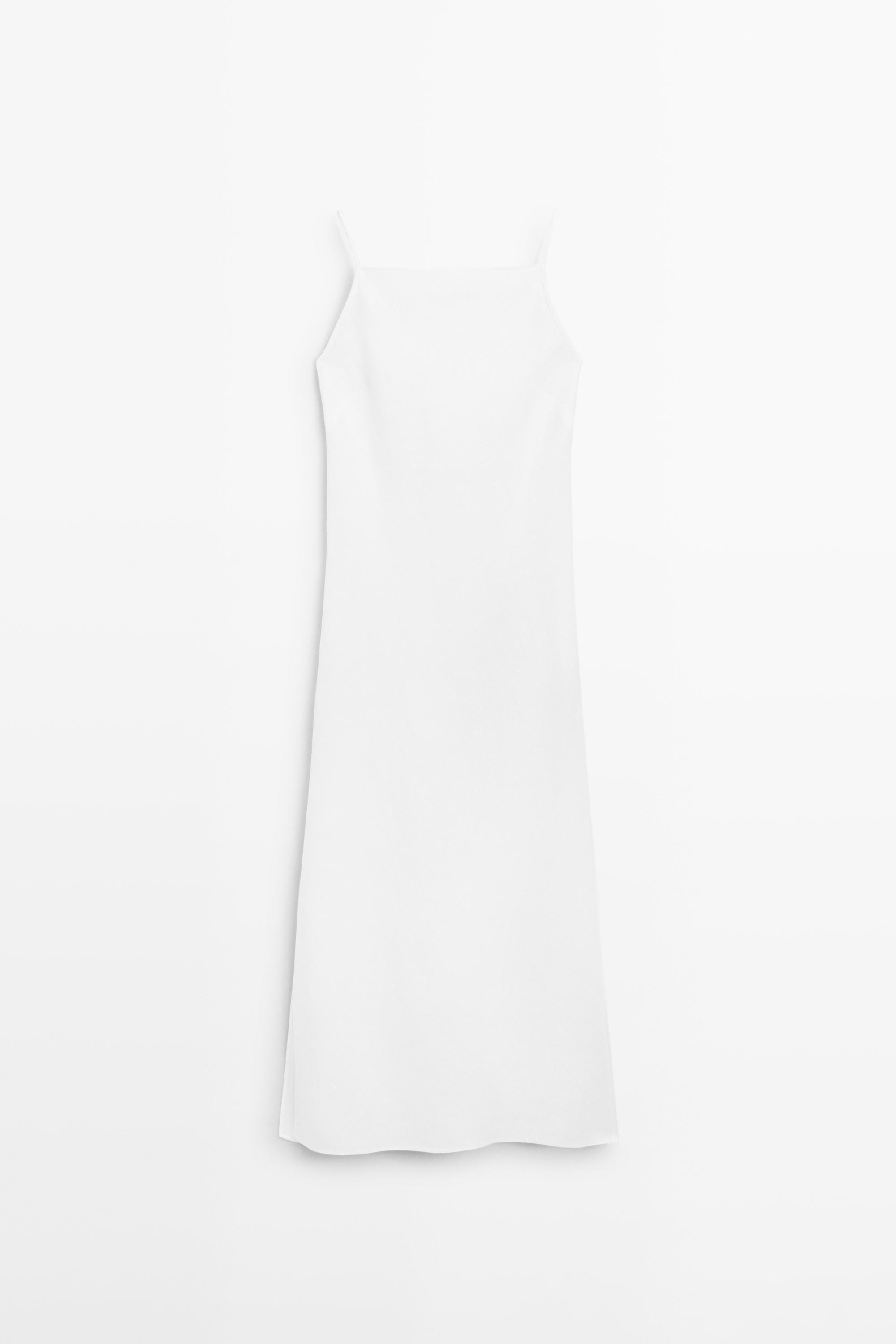 100% linen midi dress with straight neckline — WHITE