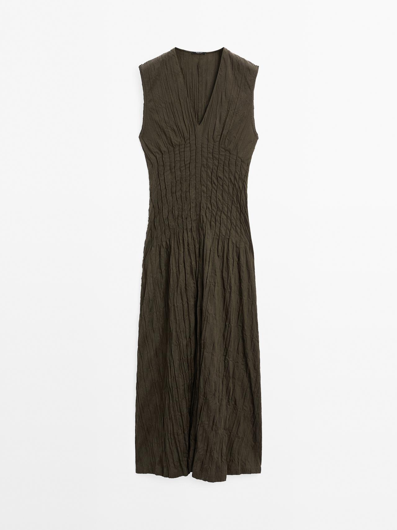 Massimo Dutti - Dames - Lange Plisséjurk Met Gekreukt Effect - Eendengr - M