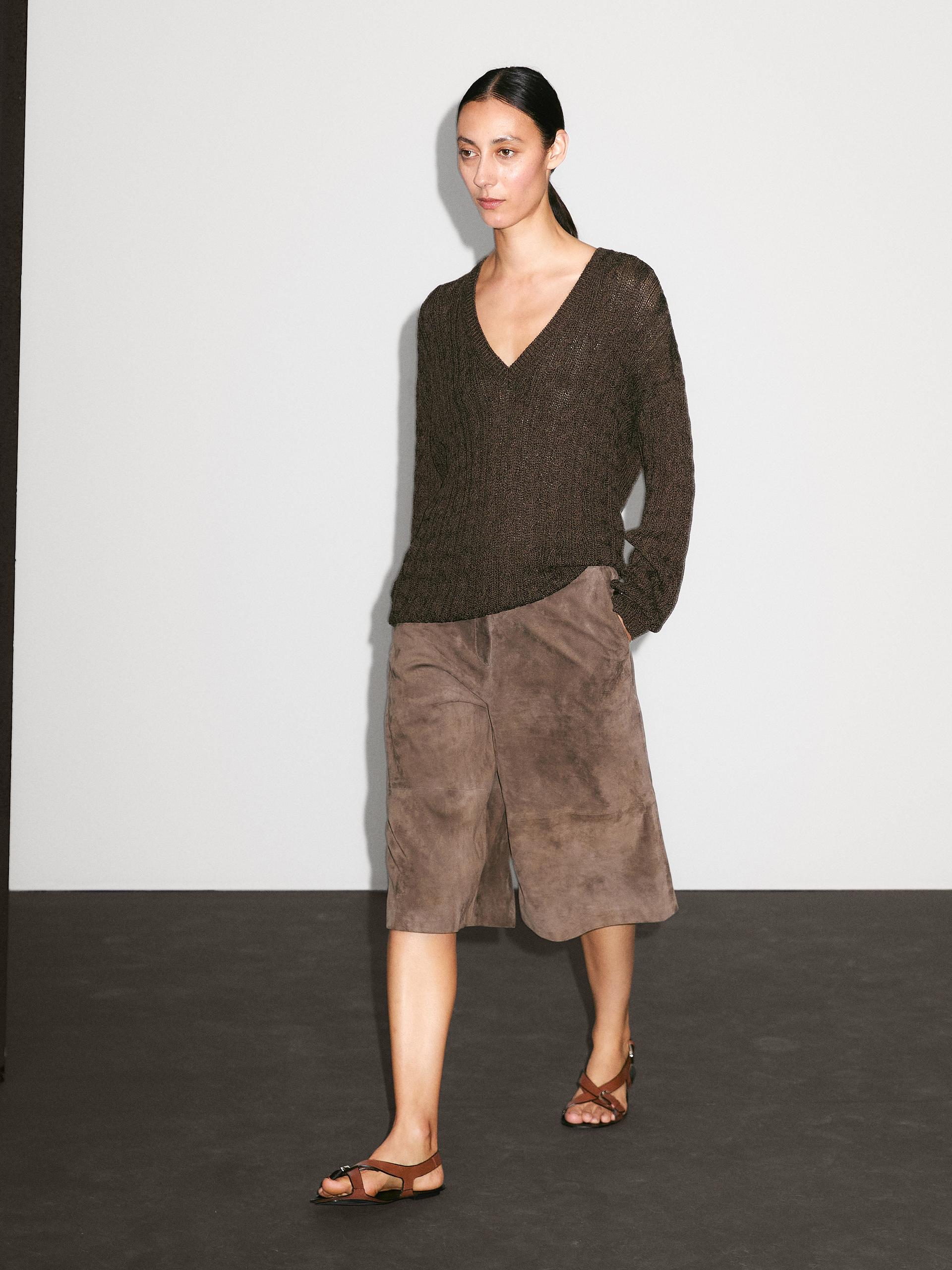 Camisola De Malha Entrançada Com Decote Em Bico - Esverdeado - M - Massimo Dutti - Mulher