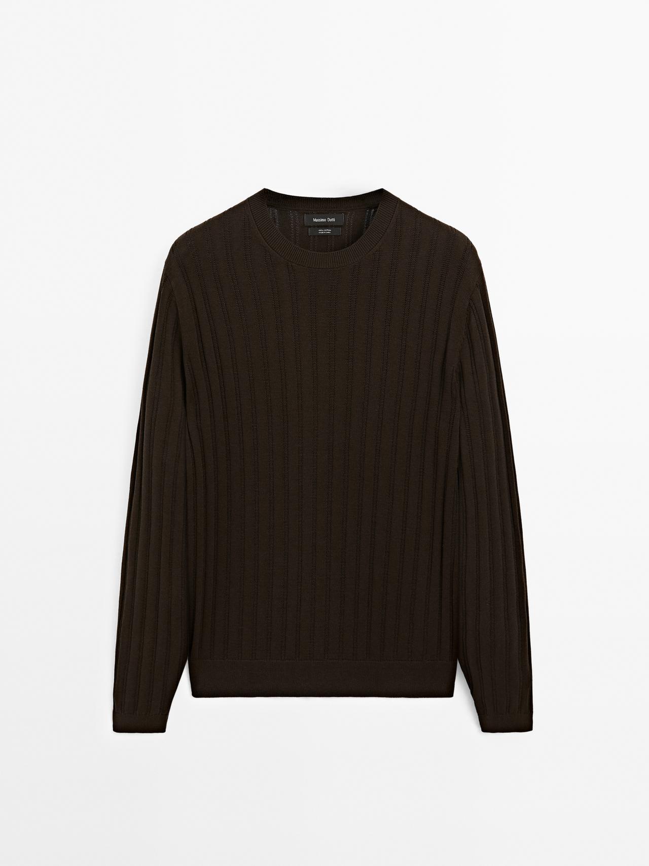 Massimo Dutti - Herre - Strukturvævet Trøje Med Rund Hals - Brun - L