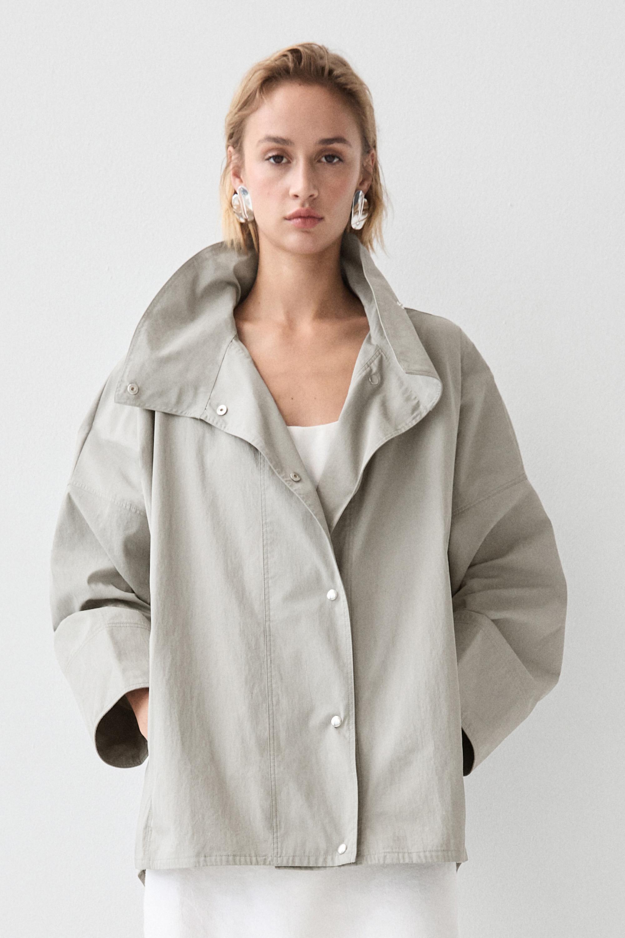 Cotton blend high neck jacket — BLUISH GREY