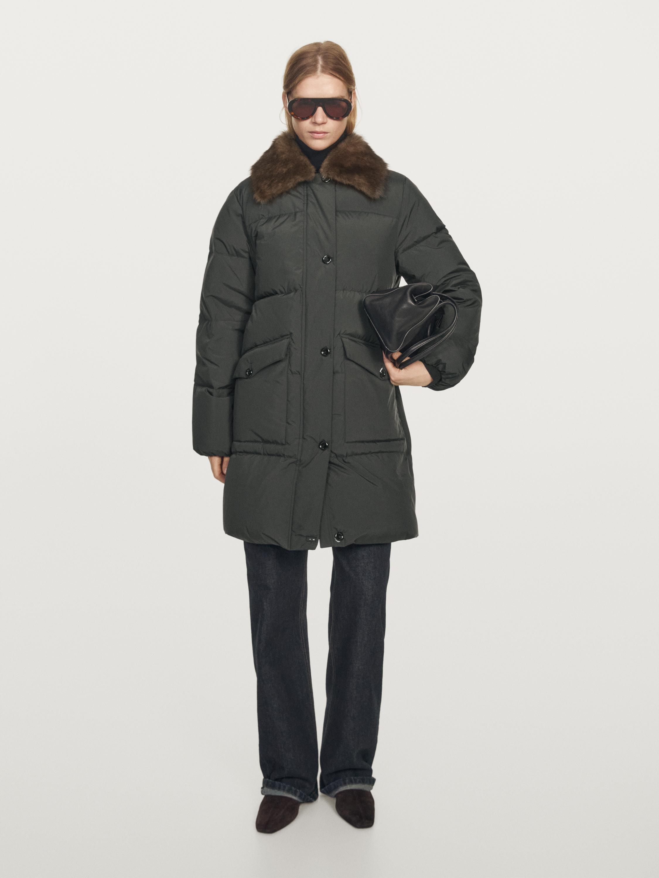 Long water-repellent down jacket with collar detail