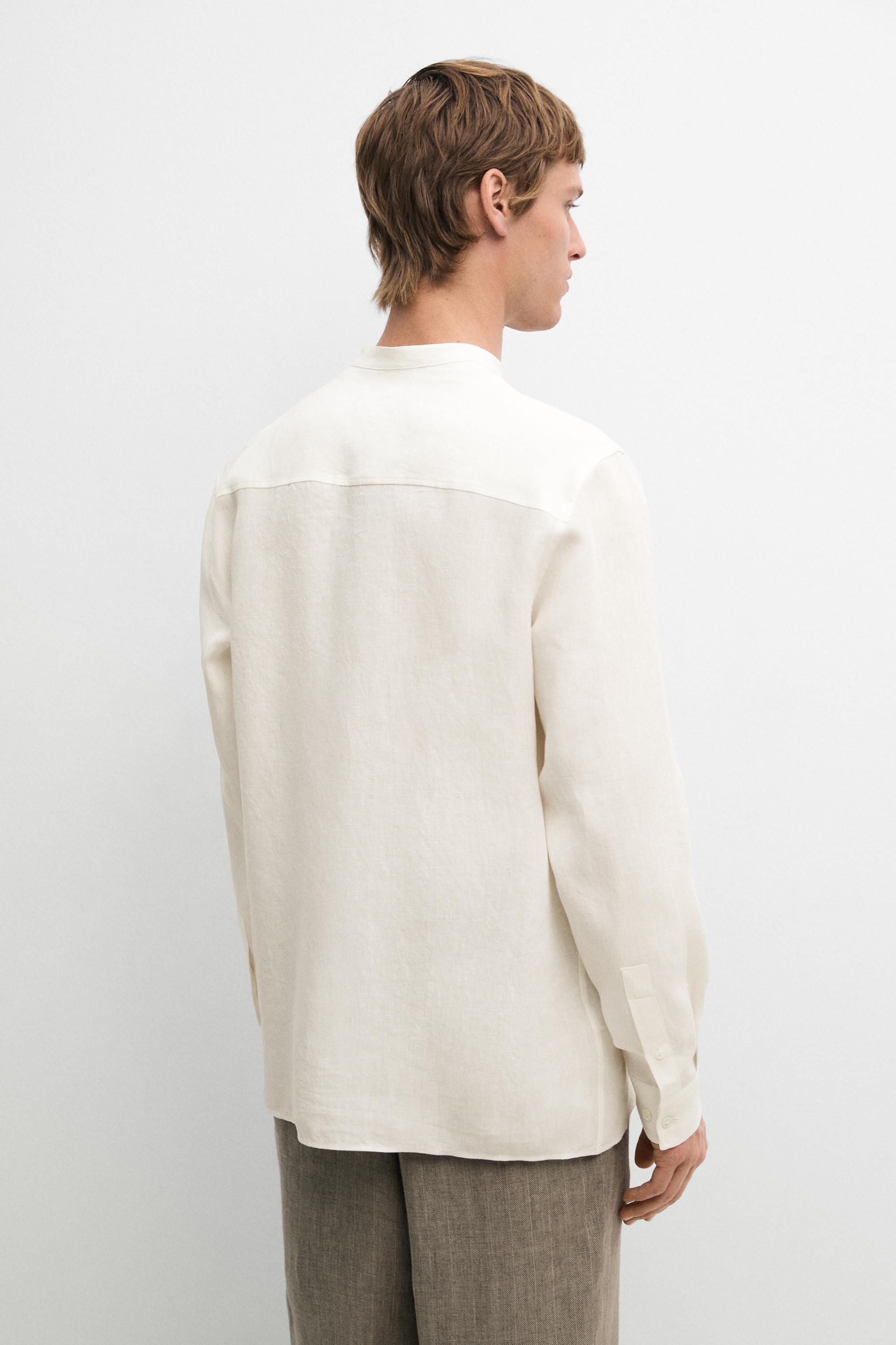100% linen regular fit shirt with stand collar — CREAM