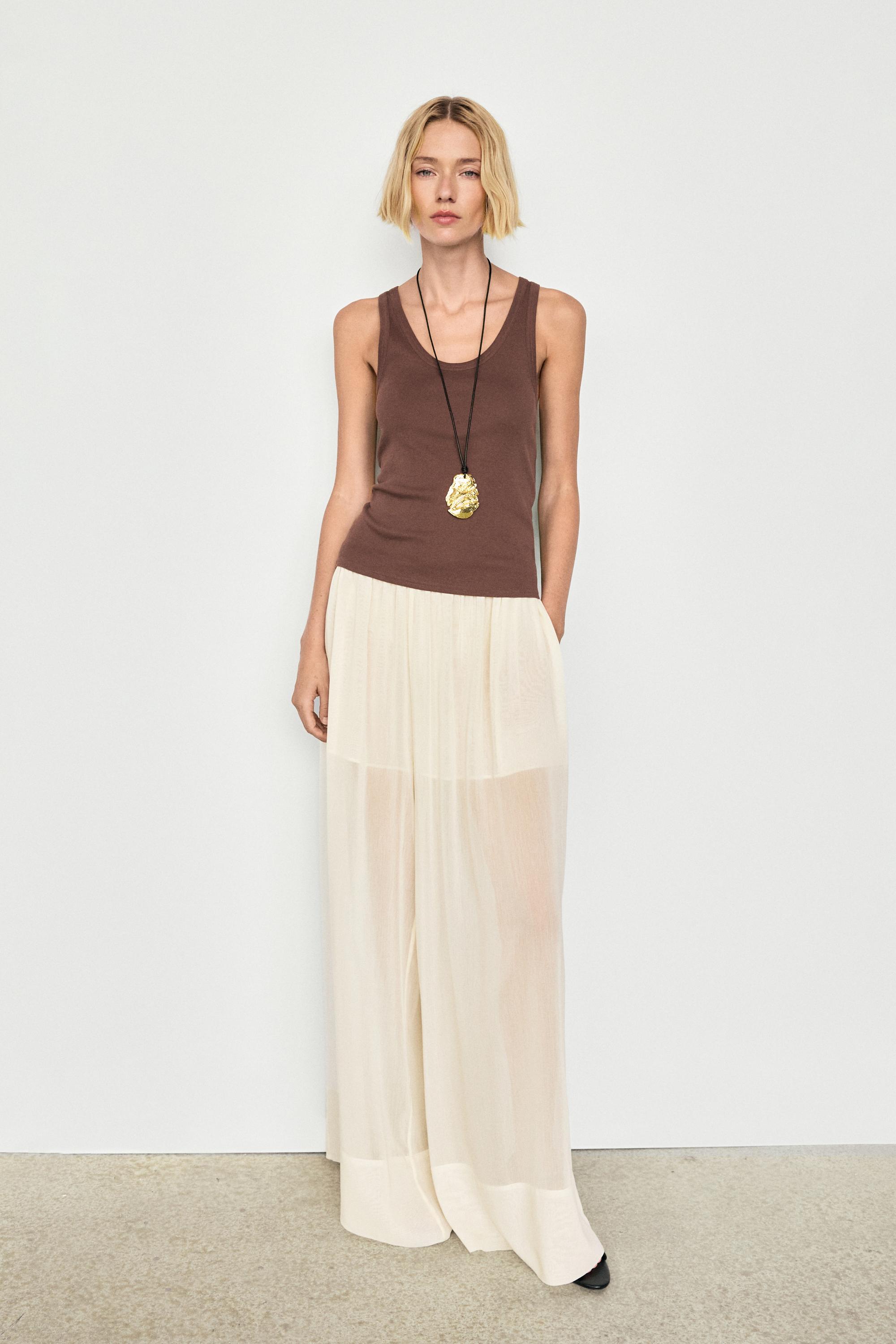 Semi-sheer flowing wide-leg pants — Off white