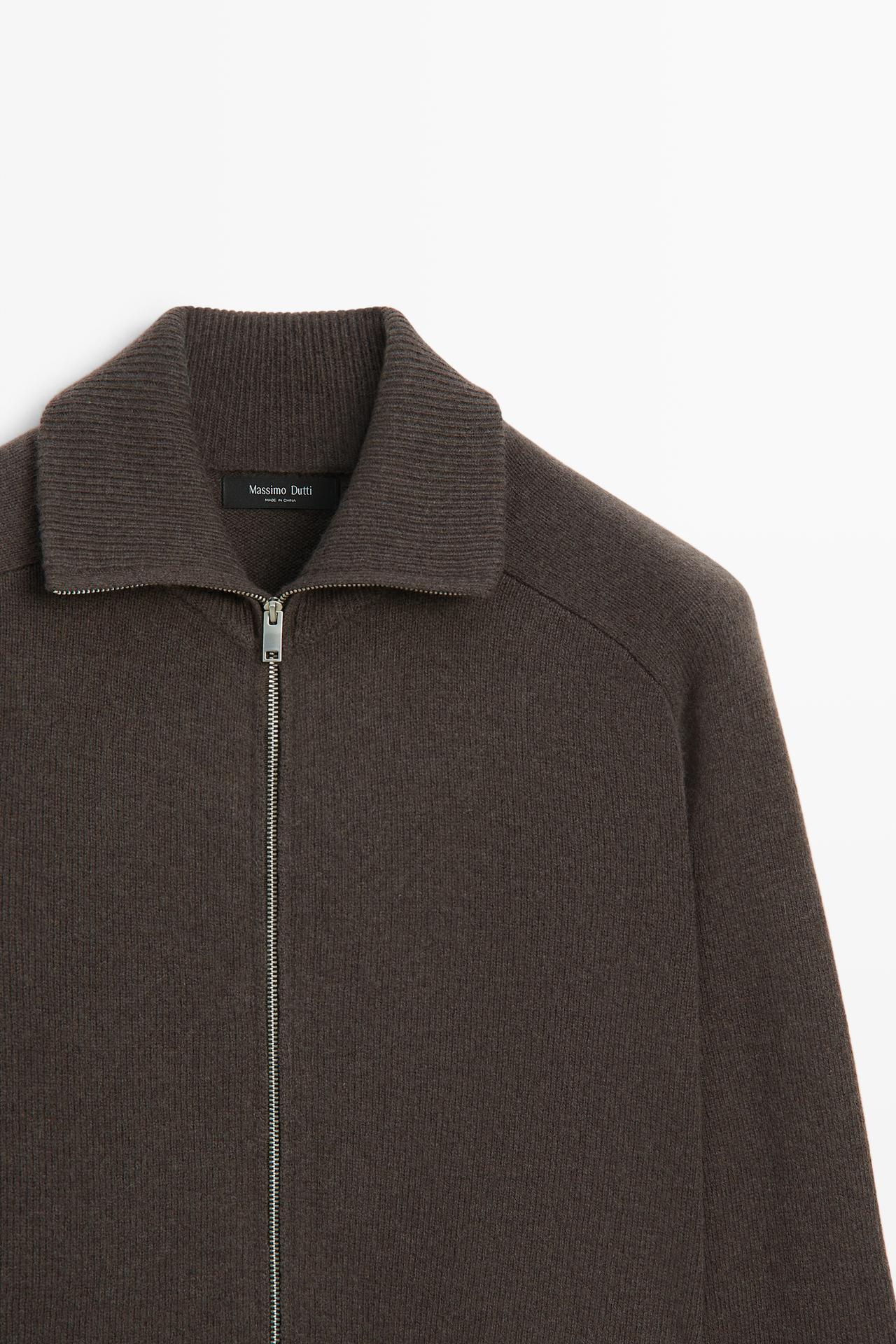 Wool blend zip-up knit cardigan — BROWN