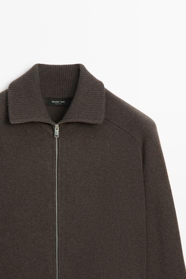 Wool blend zip-up knit cardigan — BROWN 4