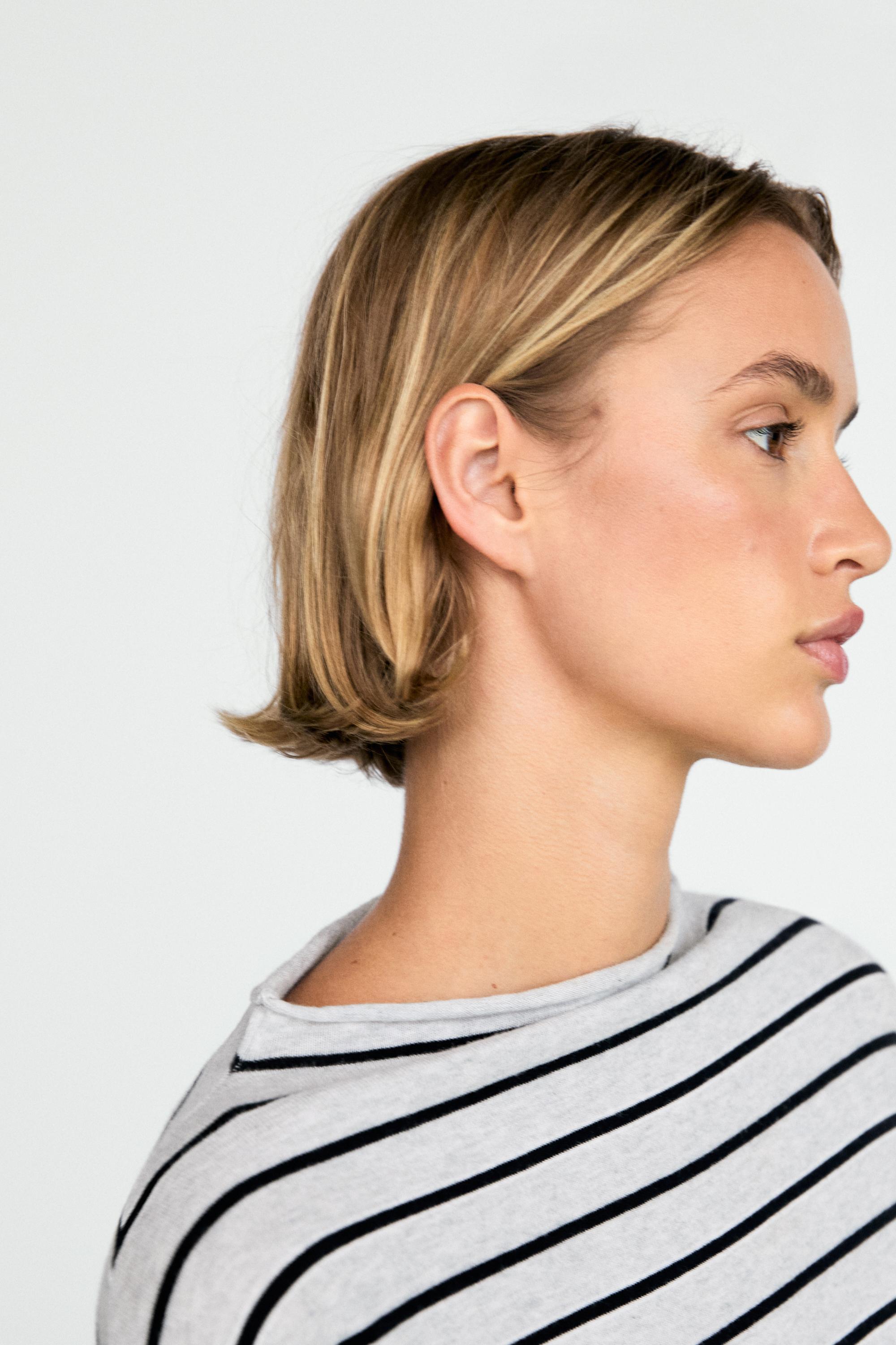 100% cotton striped knit sweater — GREY MARL
