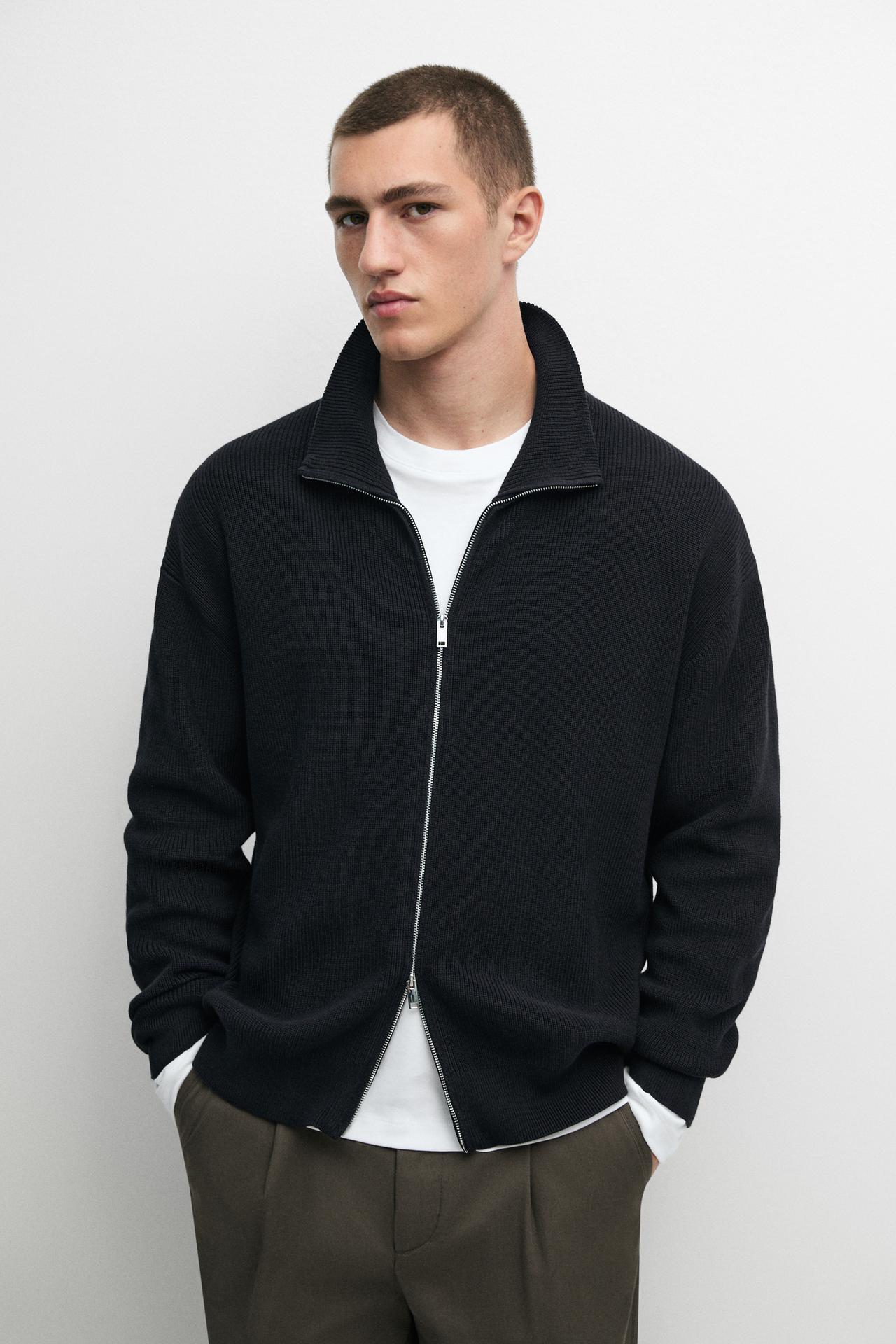 100% cotton ribbed knit cardigan — NAVY BLUE