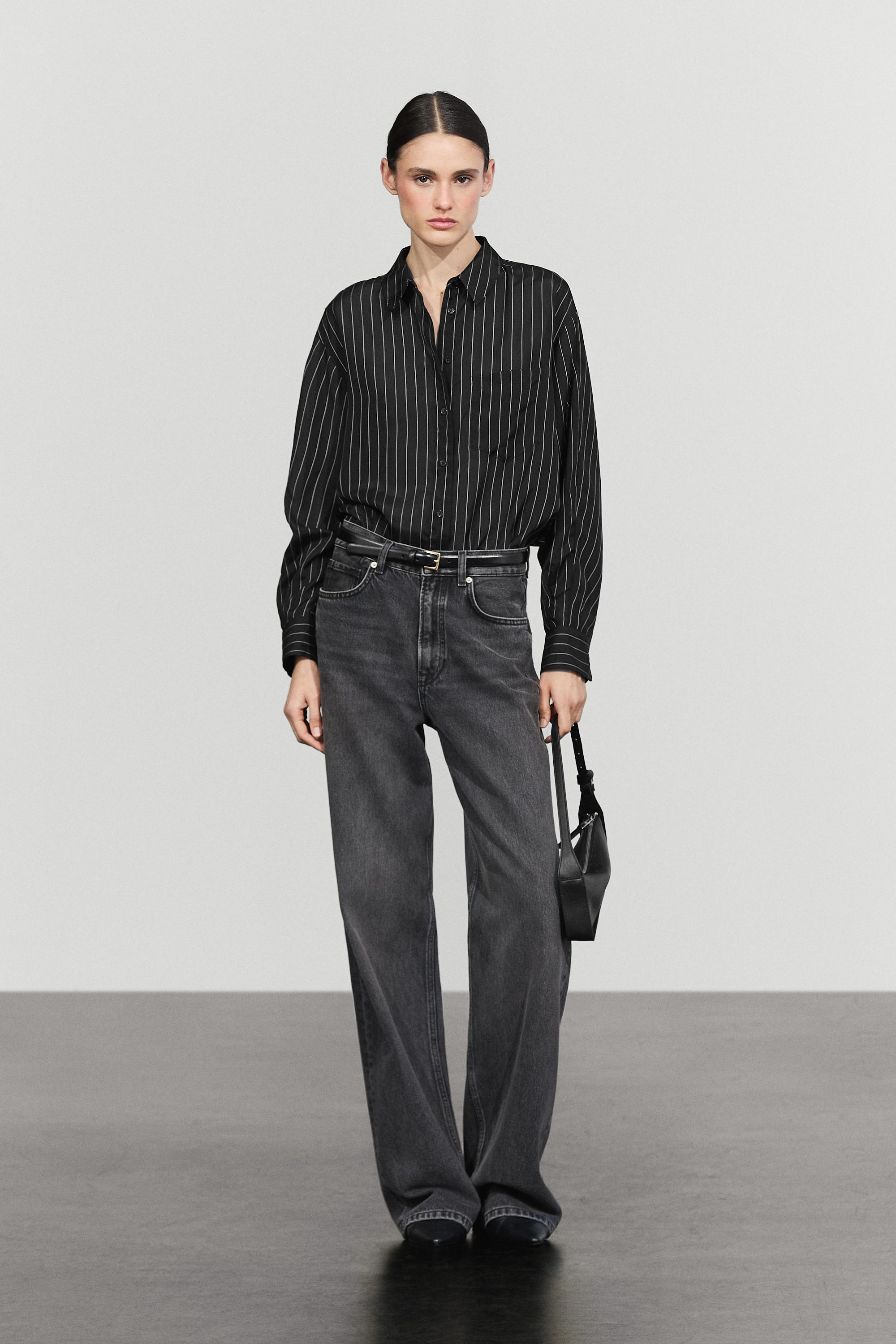 Striped flowing shirt with pocket detail — BLACK