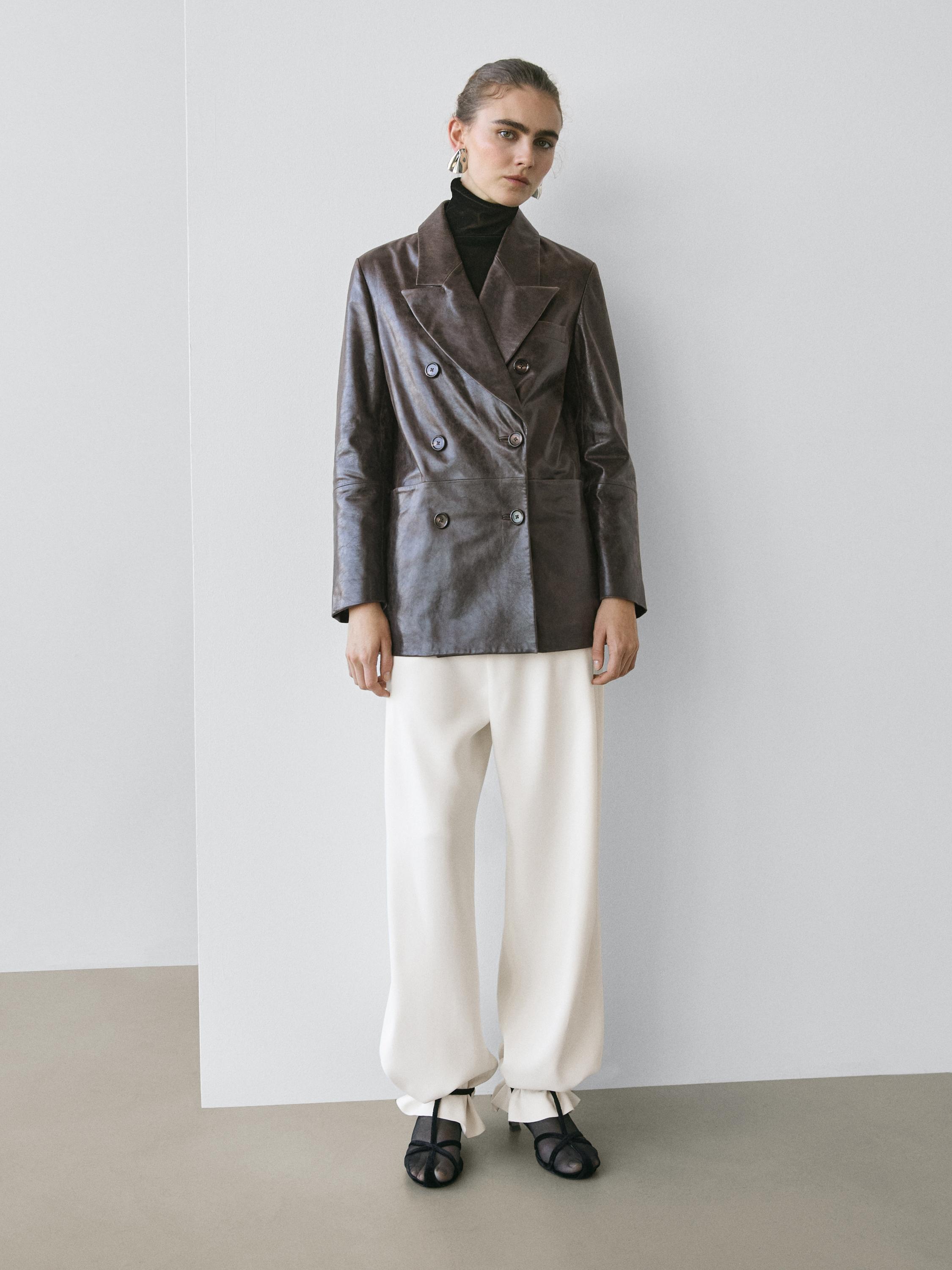100% nappa leather buttoned blazer - STUDIO — BROWN