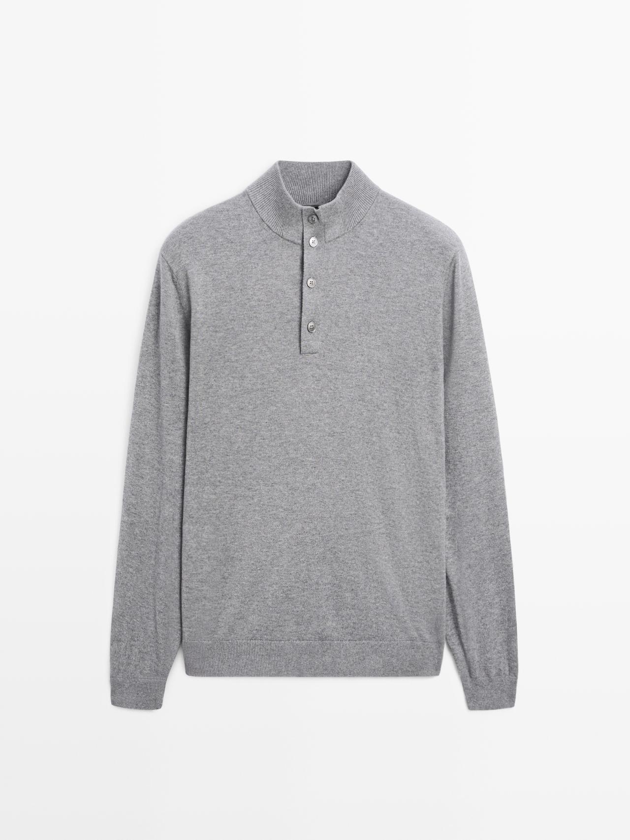 Massimo Dutti - Herre - Striktrøje Med Høj Hals Med Knapper - Koksgrå - M