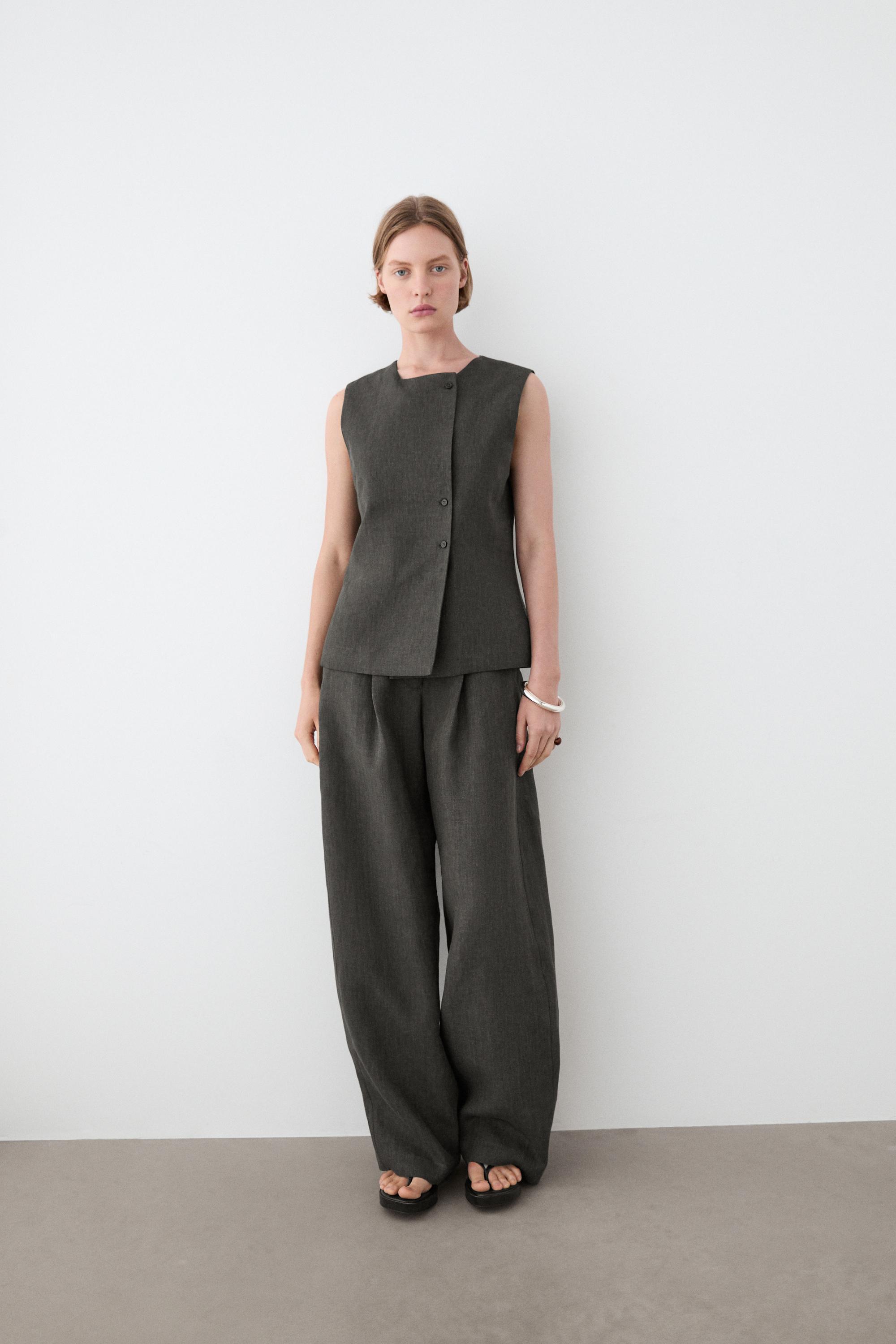 Melange linen double-breasted waistcoat with buttons — BLUISH GREEN
