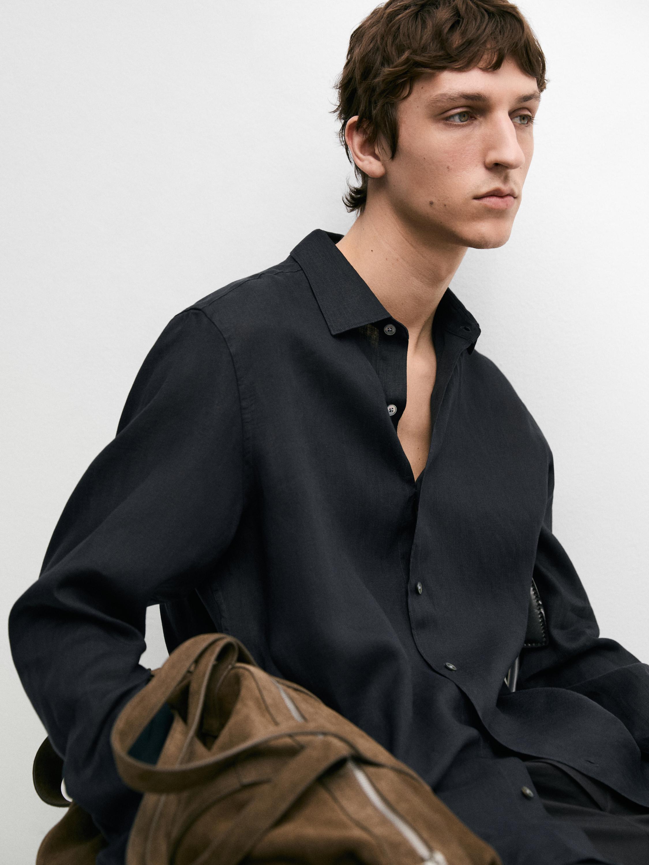 Extra fine regular fit linen shirt — NAVY BLUE