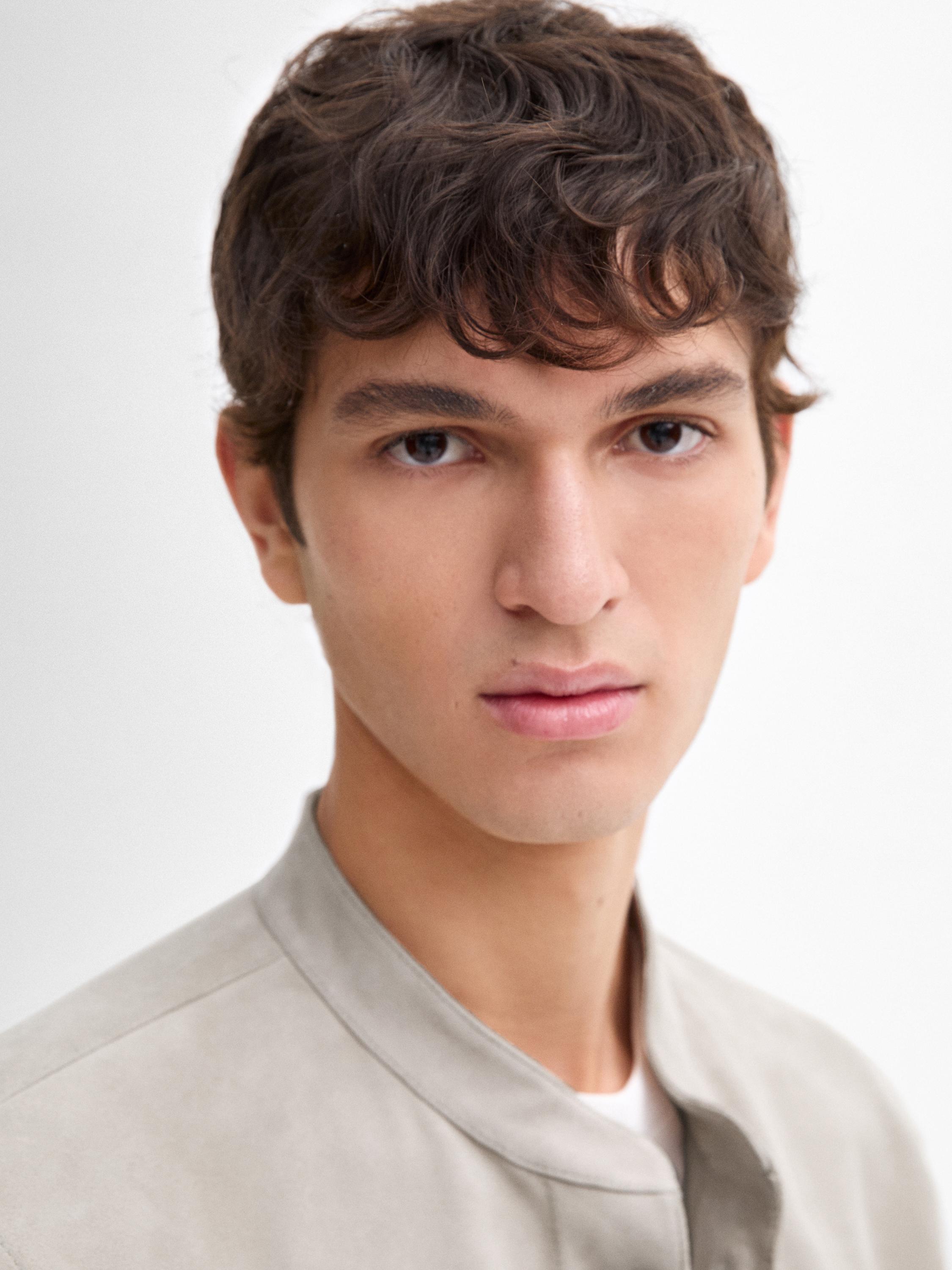 Suede leather shirt with stand collar