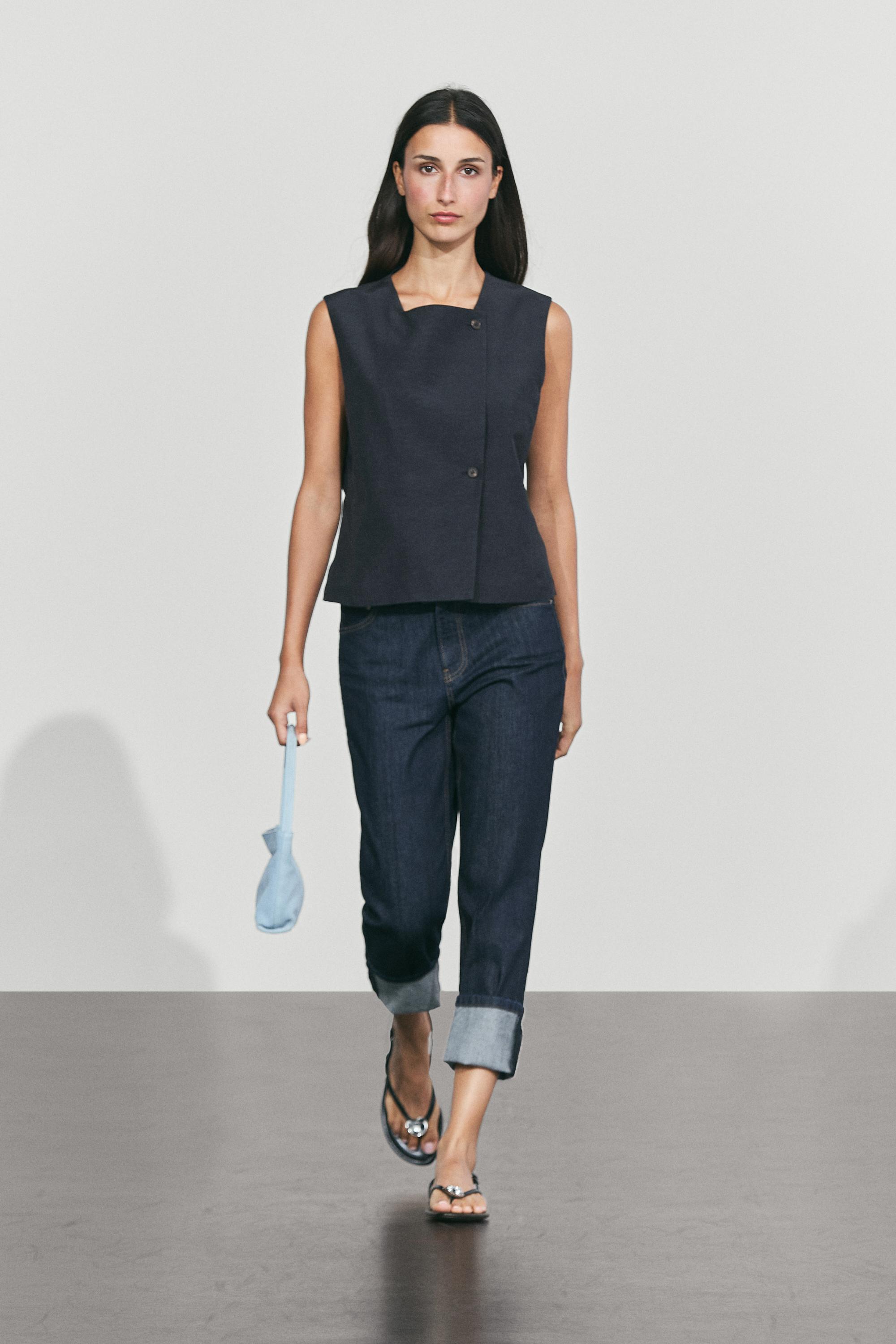 Massimo Dutti Linen Blend Asymmetric Button Vest In Navy Blue