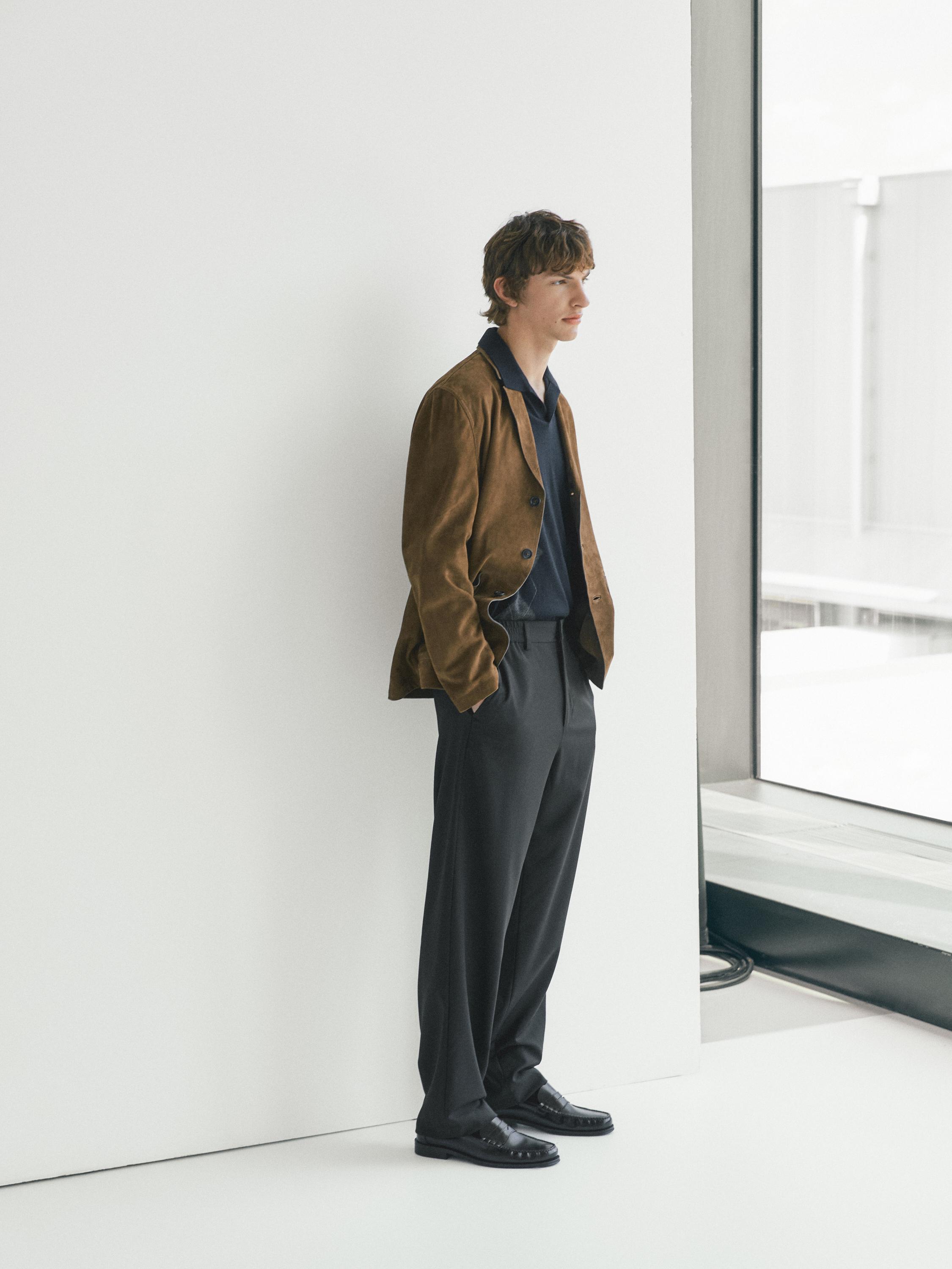 Suede leather blazer with topstitching