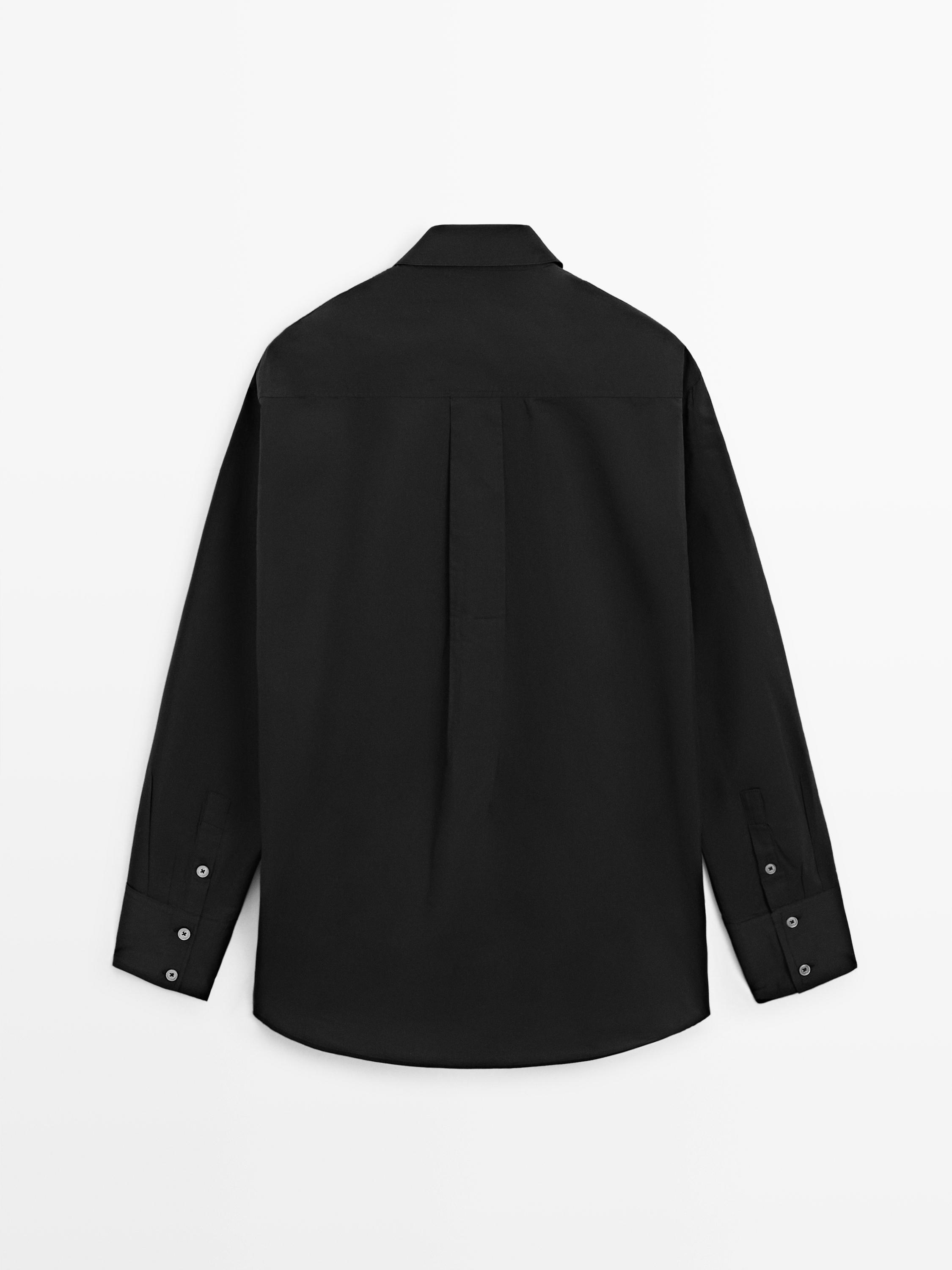 Bib front shirt with embroidered detail — BLACK