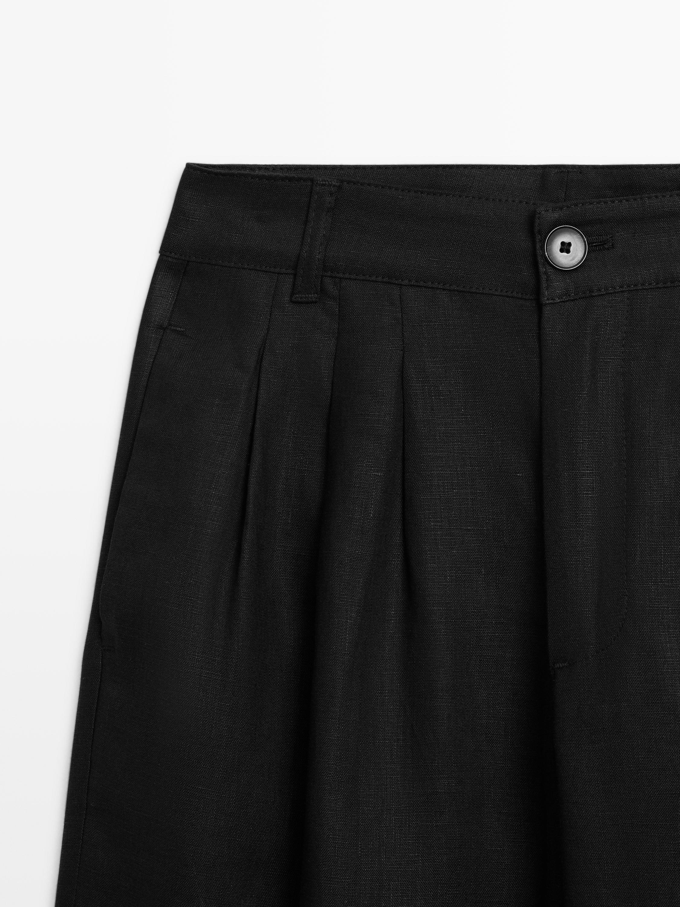 Wide-leg pleated linen trousers — BLACK