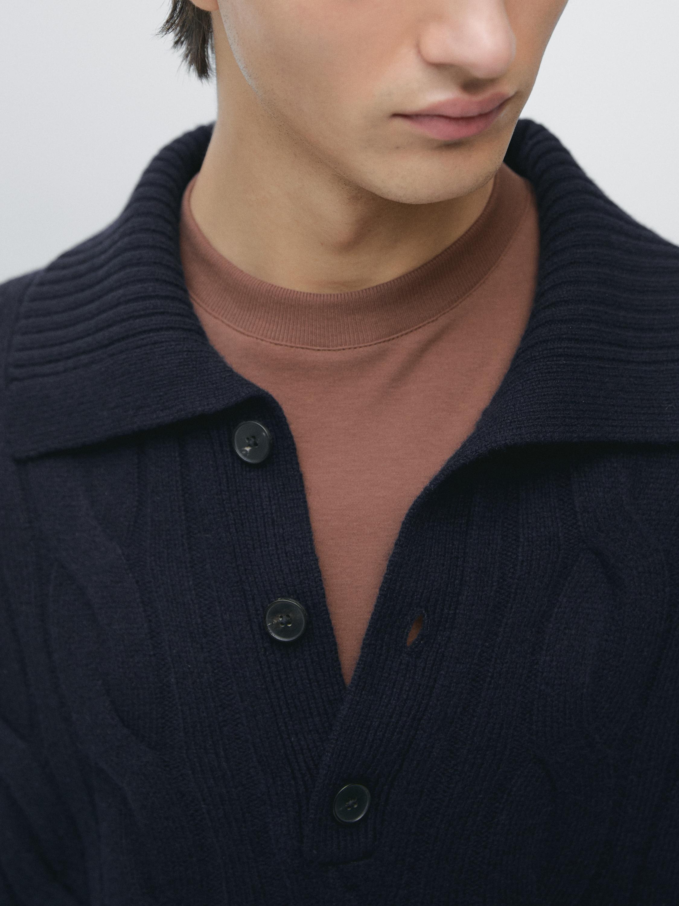 Wool cable-knit polo sweater — NAVY BLUE