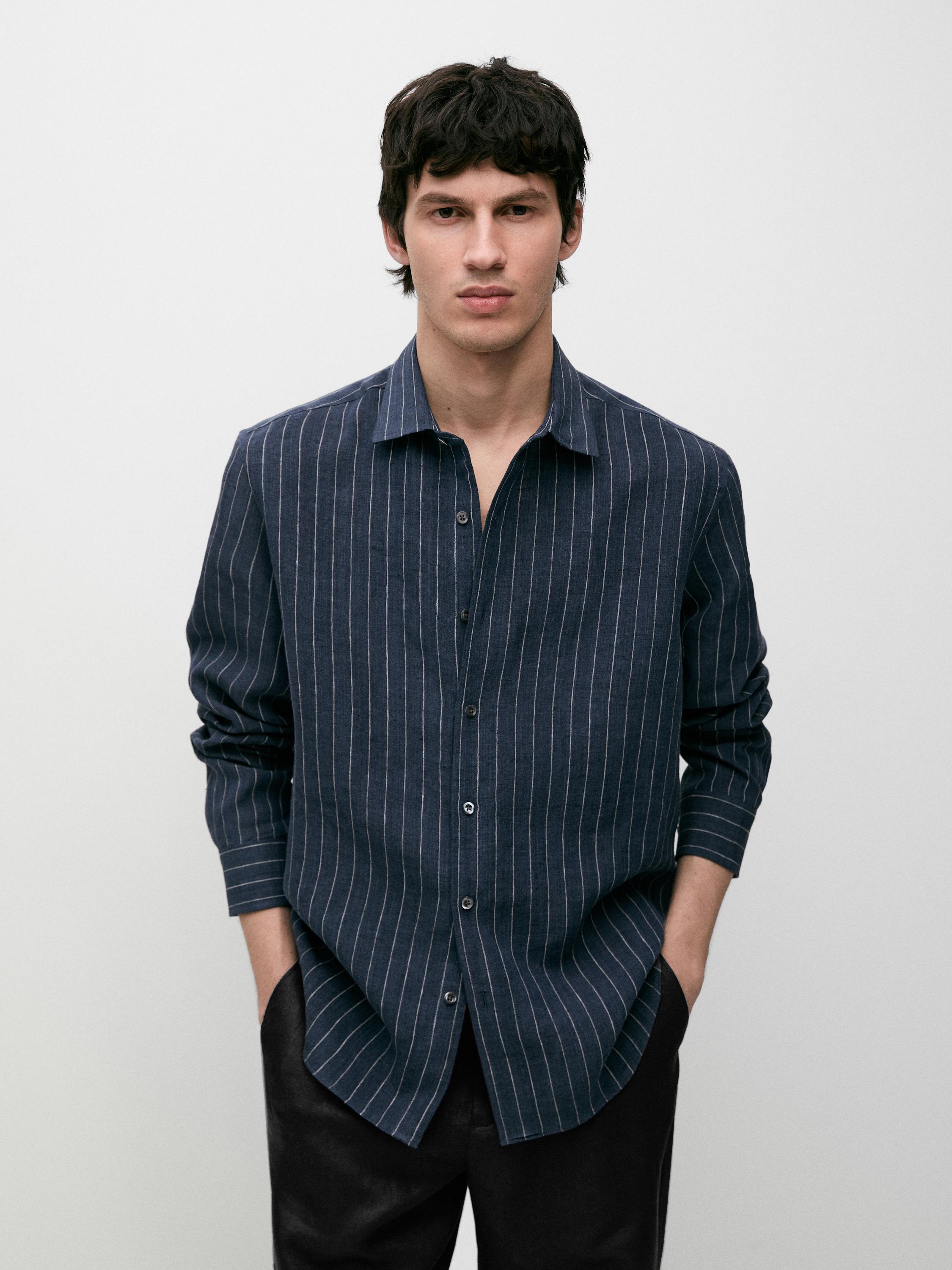 Regular fit 100% linen striped shirt — FADED BLUE