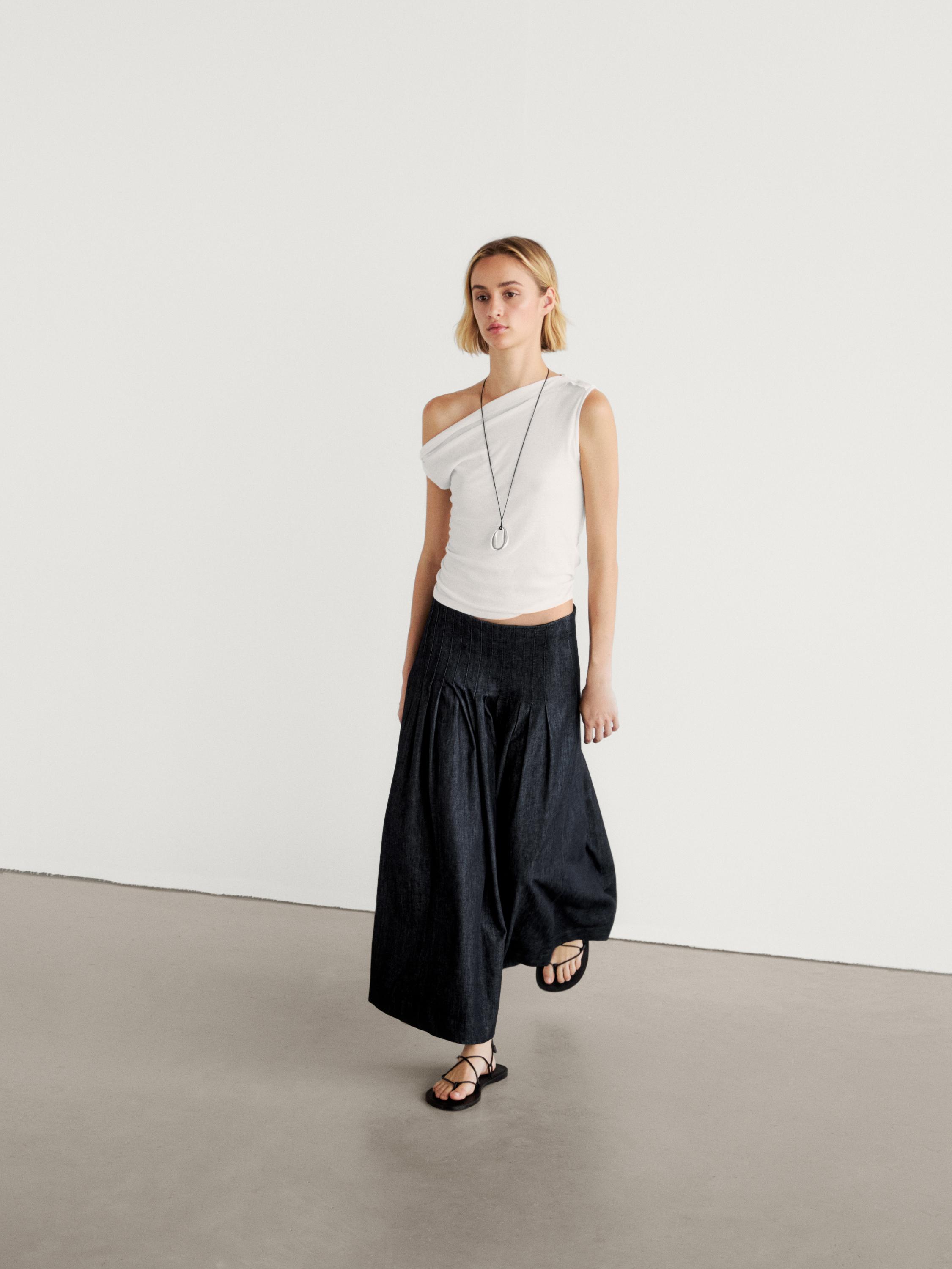 Pleated denim midi skirt best sale