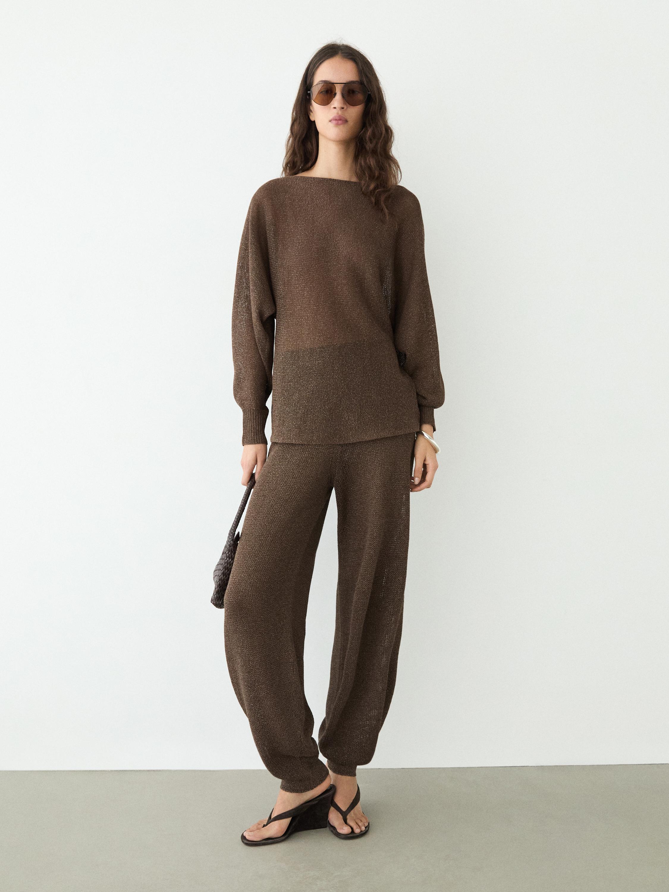 Flowing cotton blend knit sweater — BROWN