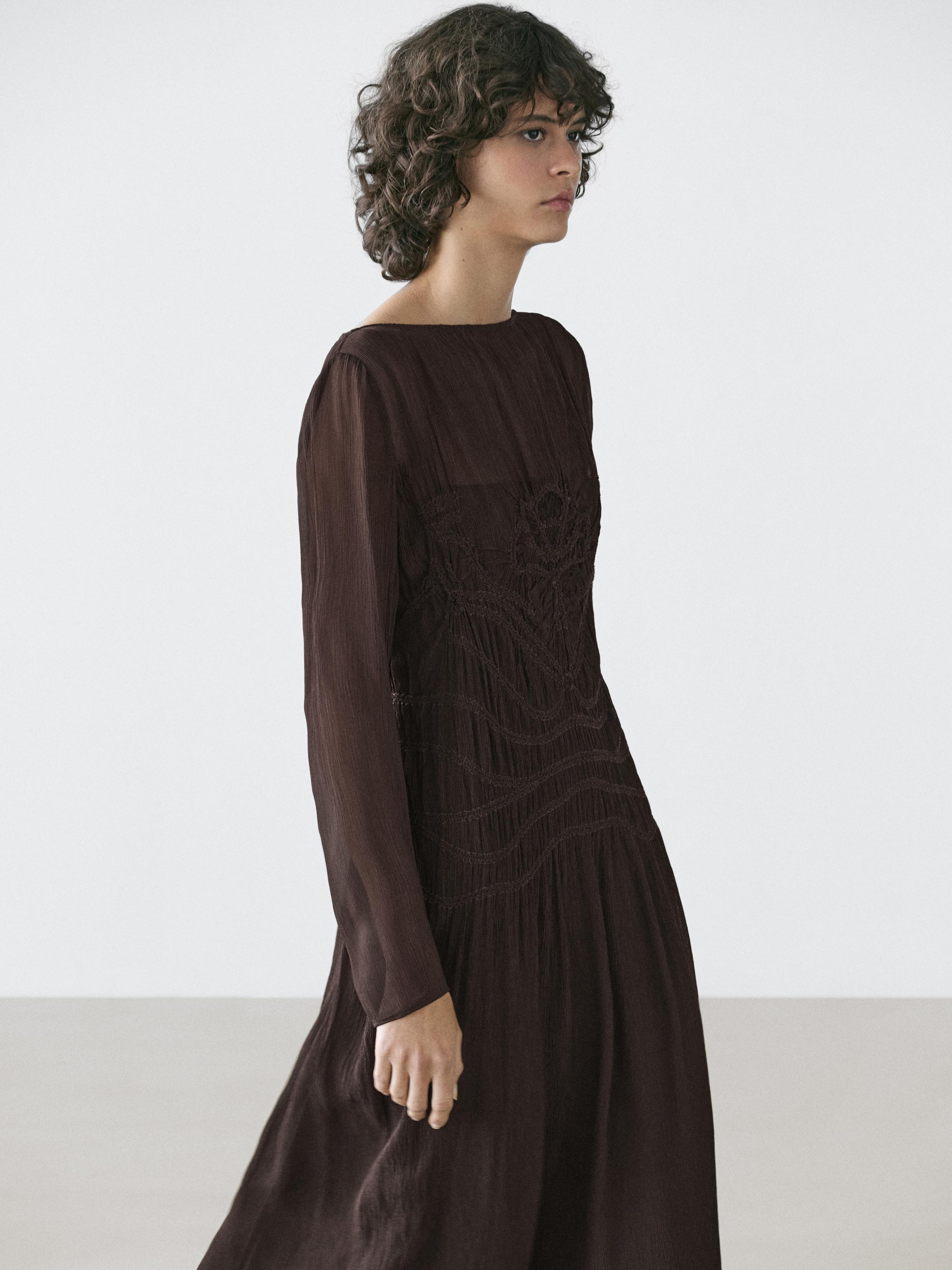 Flowing midi dress with gathered detail — BROWN