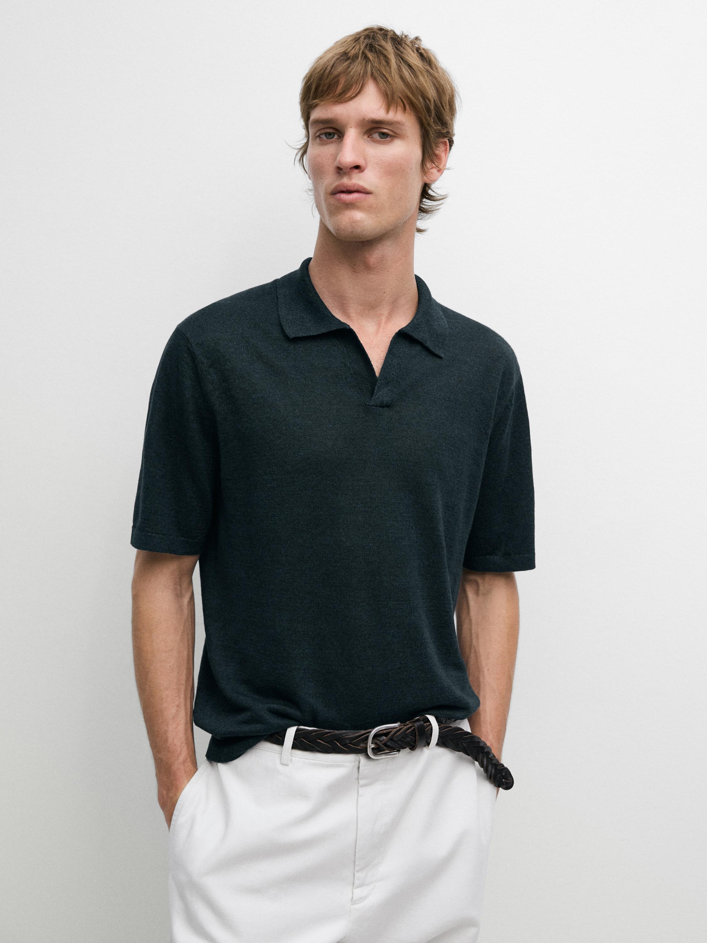 Linen V-neck polo sweater — NAVY BLUE