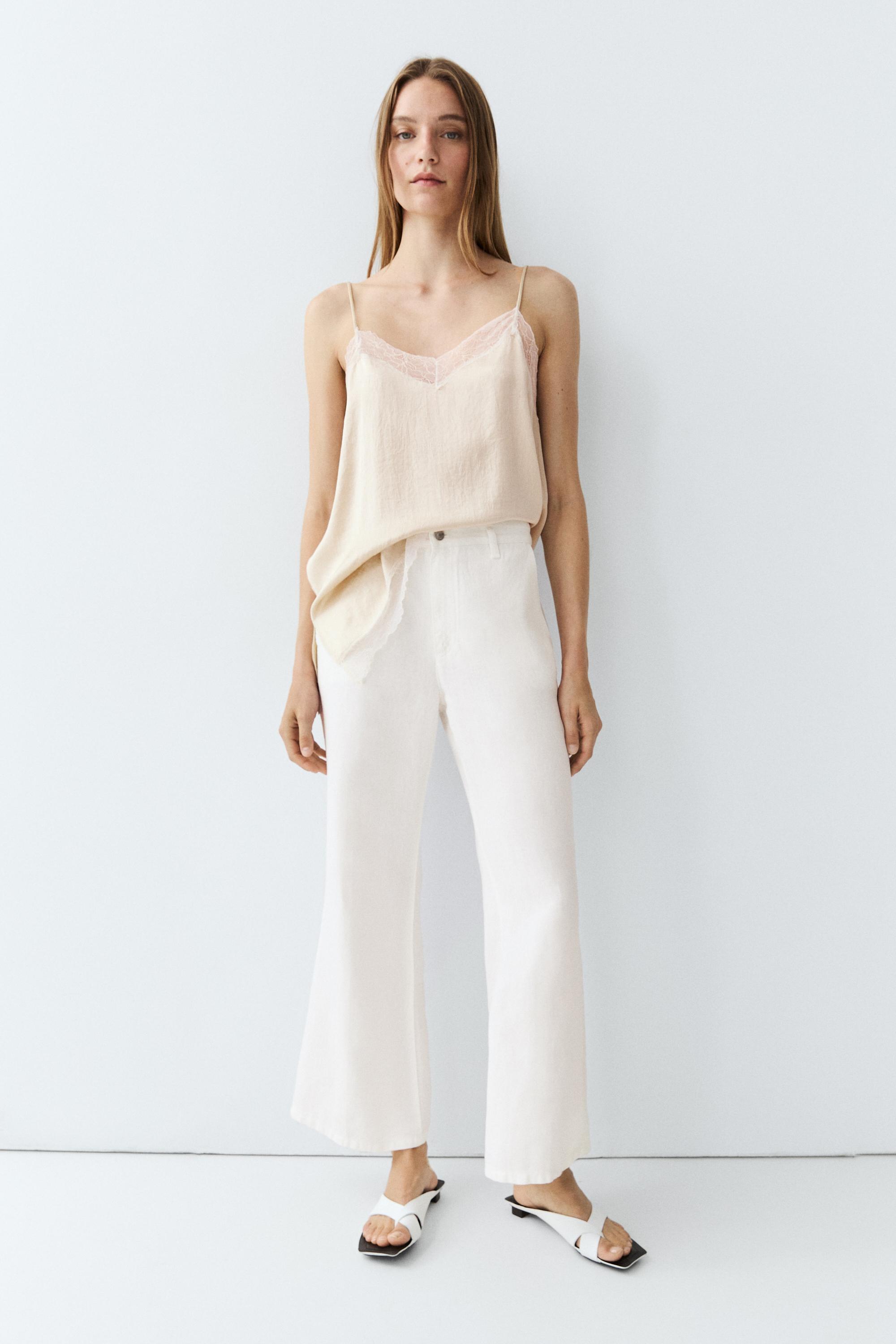 100% linen cropped flare fit pants — Off white