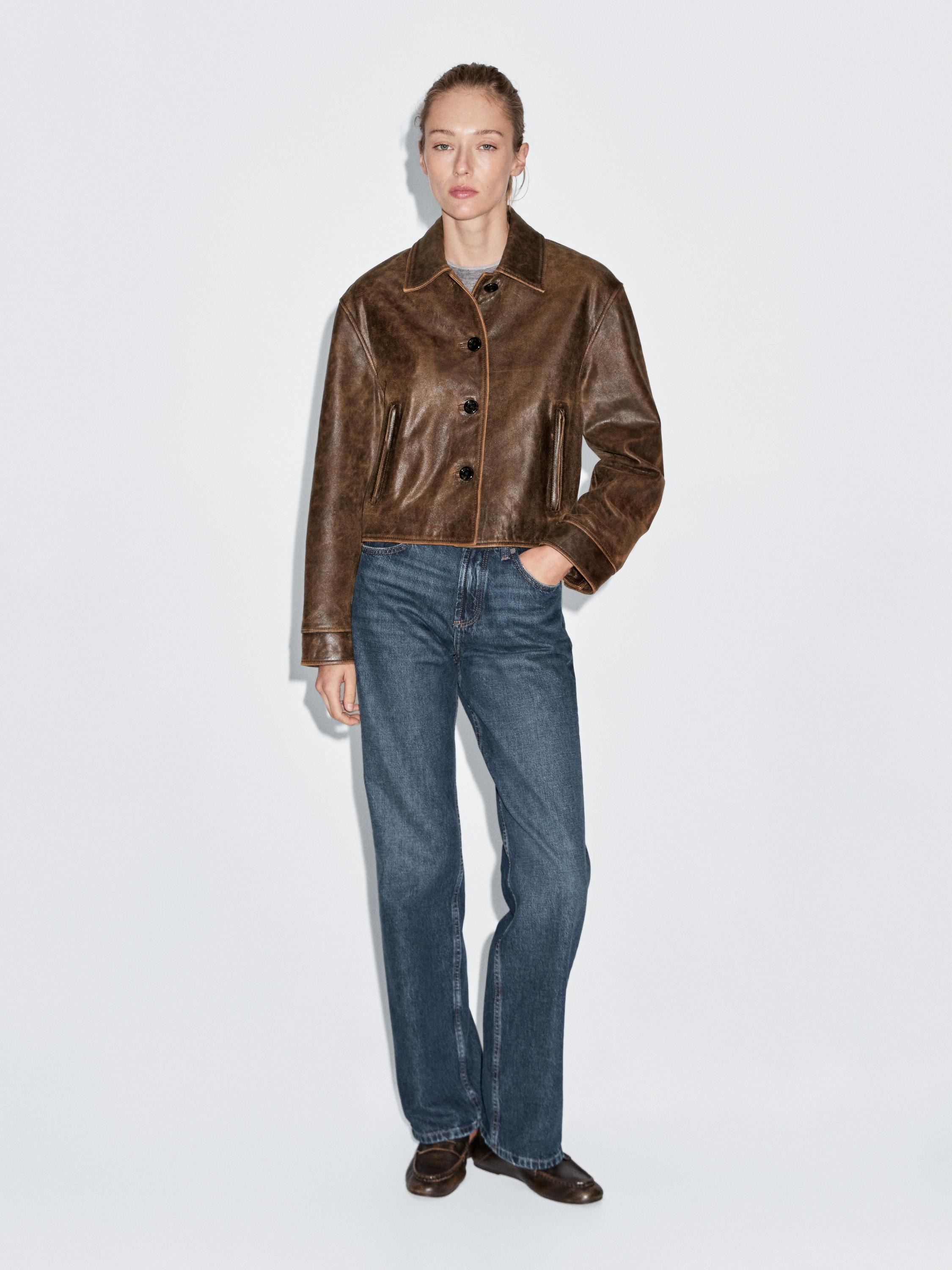 Distressed effect nappa leather cropped jacket · Brown · Bags And