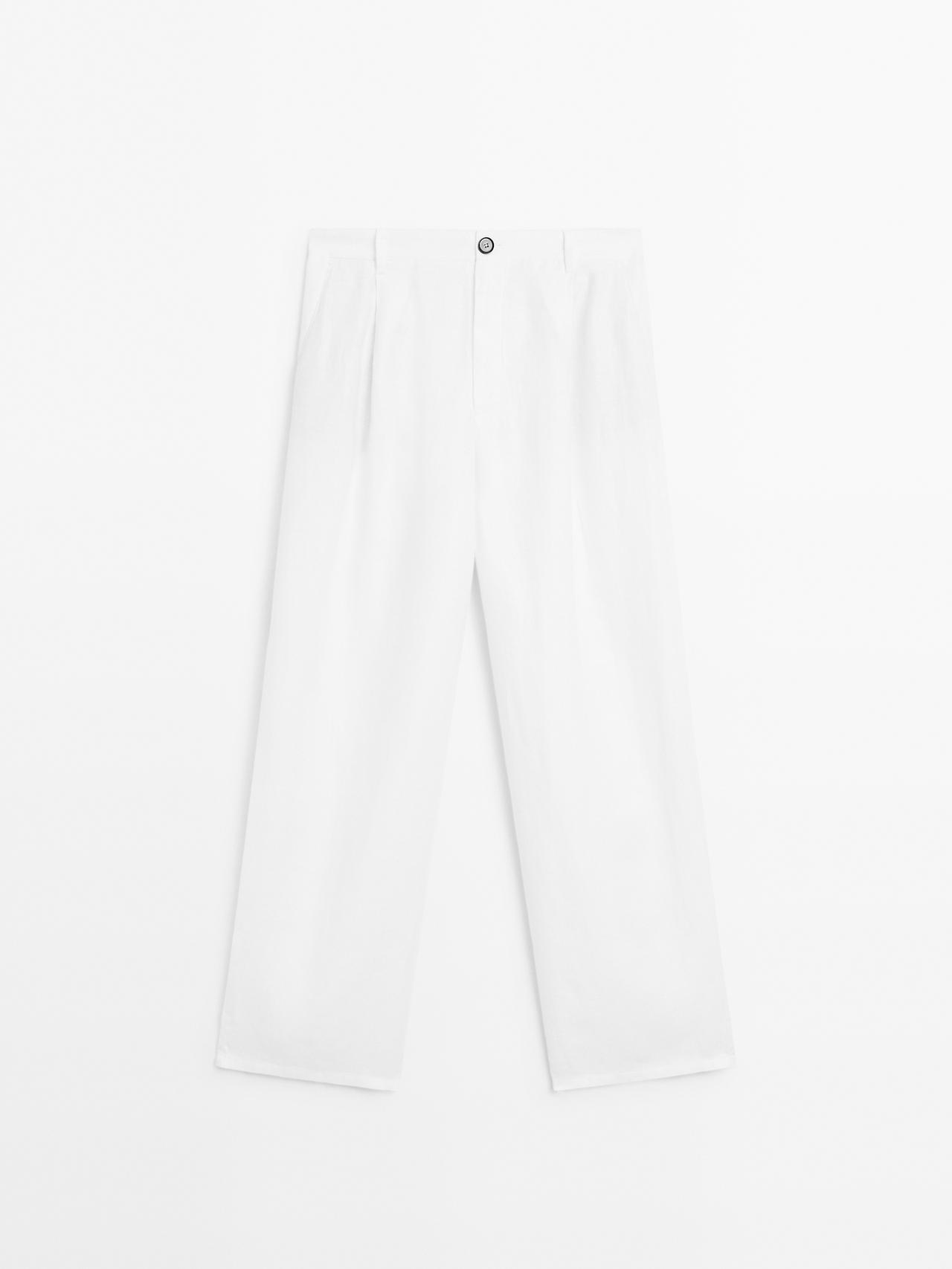 Massimo Dutti - Dame - Mid Waist Bukser I 100% Hør Med Brede Ben - Hvid - 40