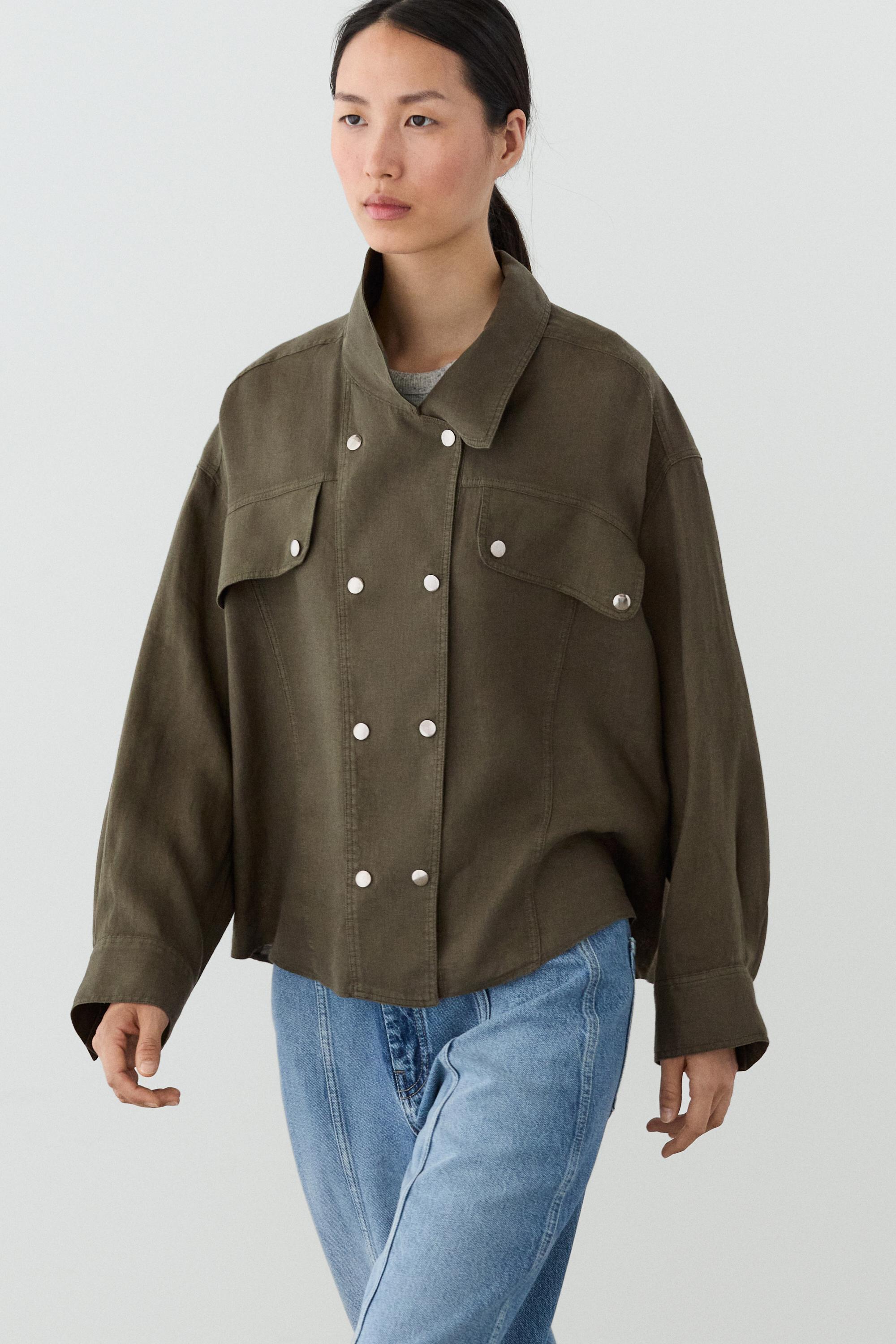 100% linen shirt with snap button detail — GREEN