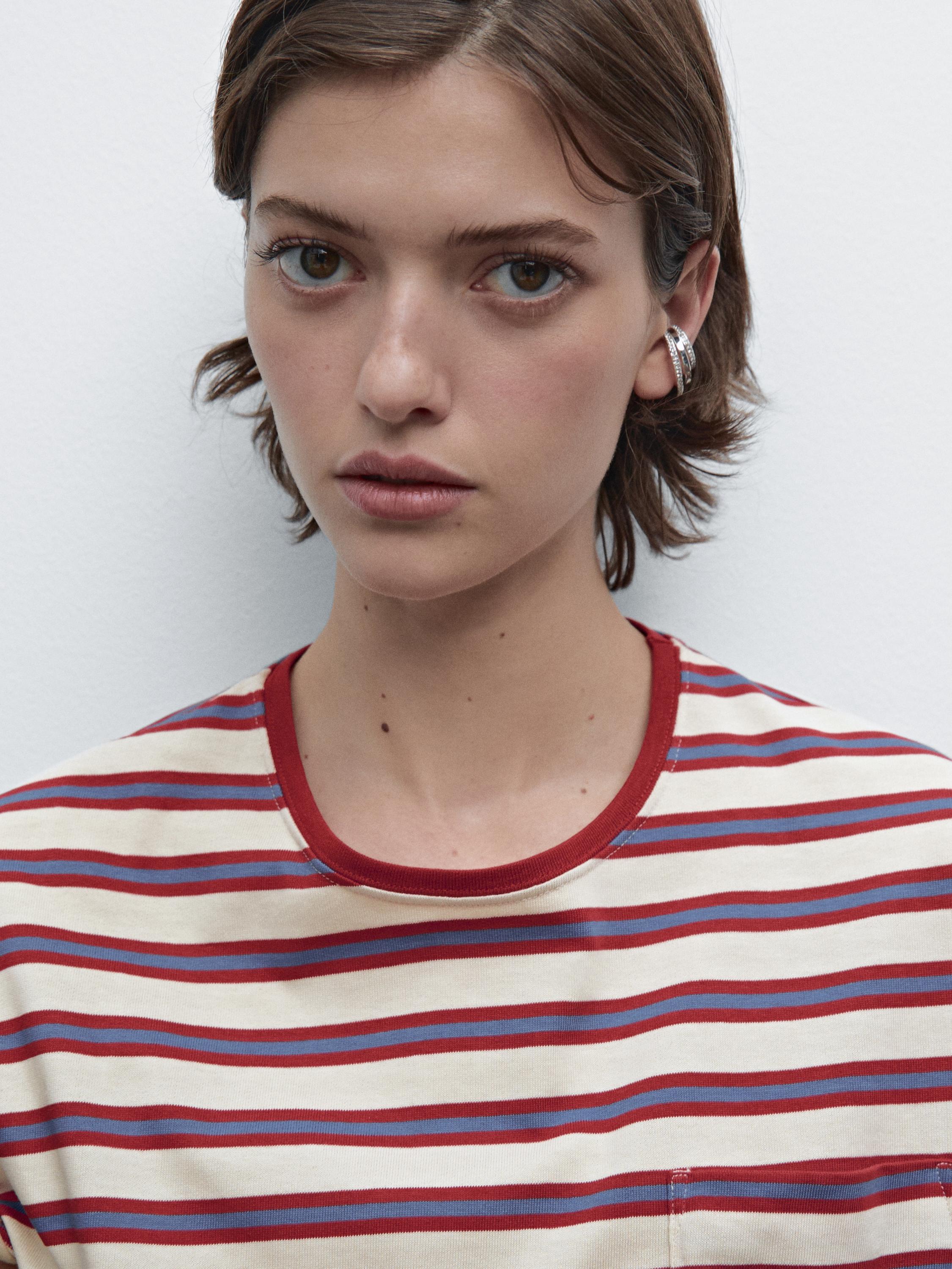 Multi-striped cotton T-shirt with pocket
